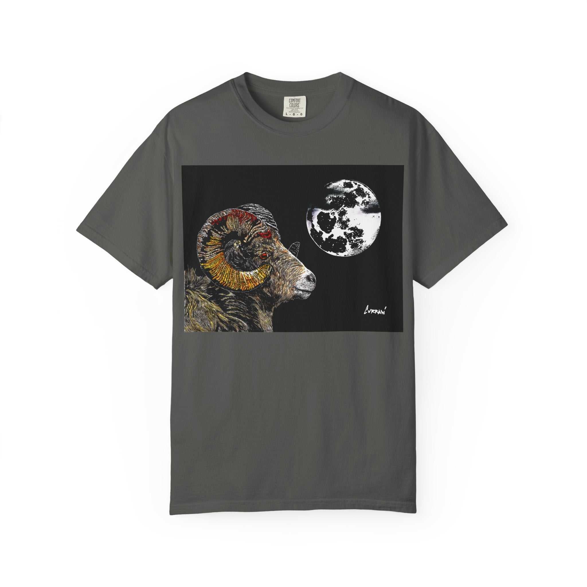 Elevate your style with our Mountain Ram and Moon Graphic Unisex T-Shirt, Nature-Inspired Artwear. Stand out with this unique piece now!