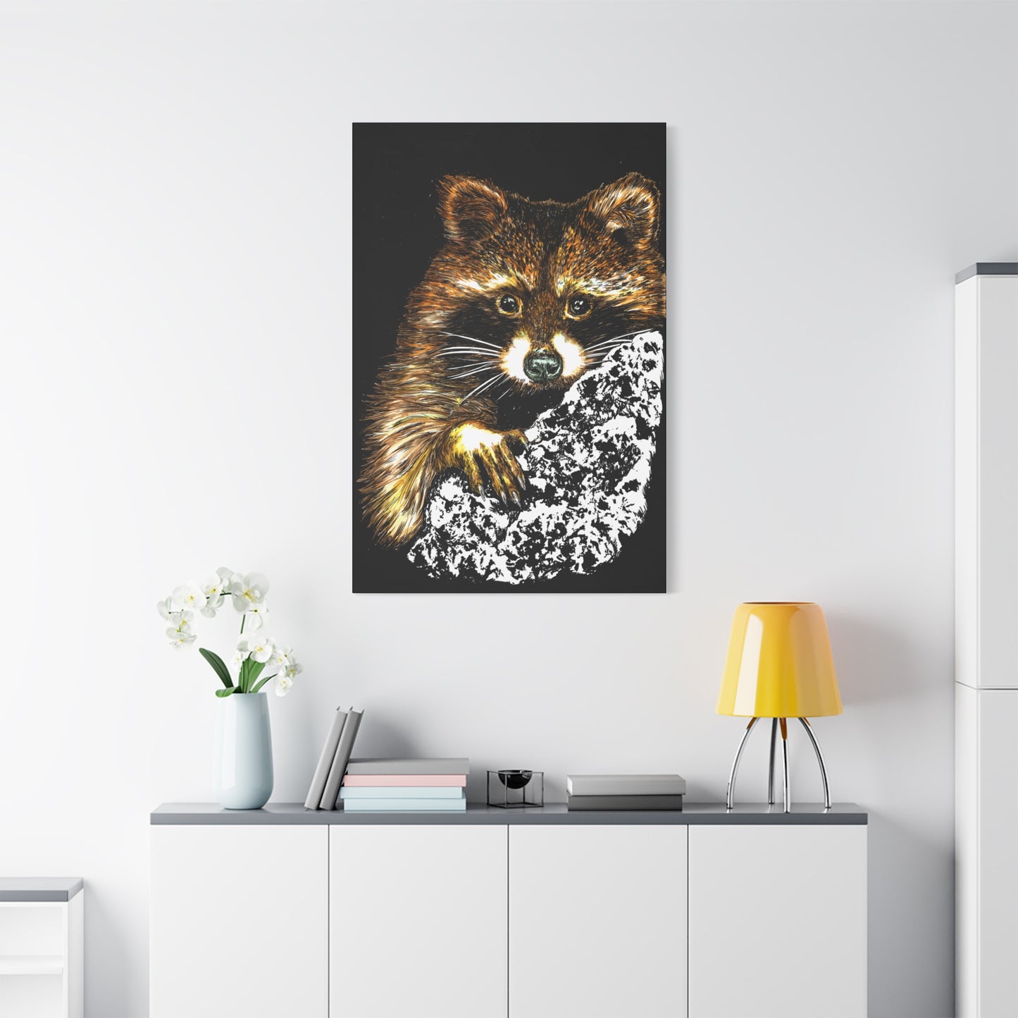 Raccoon in Tree Wall Art Canvas Print of the Original, hand drawn wall art of a Raccoon in a Tree