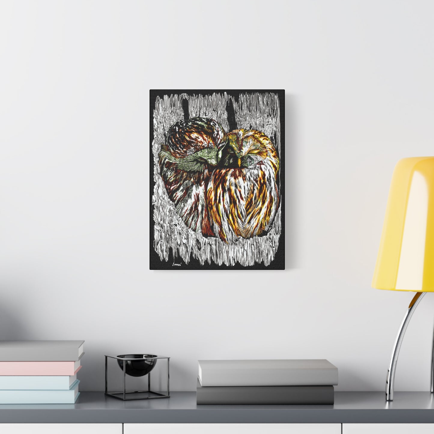 Owl Wall Art, Owl Print, Hand-Drawn Owls, Wildlife Art, Birds in Tree, Nature Wall Decor, Owl Lovers Gift, Woodland Art. Printed on Matte Canvas, Stretched, 1.25"