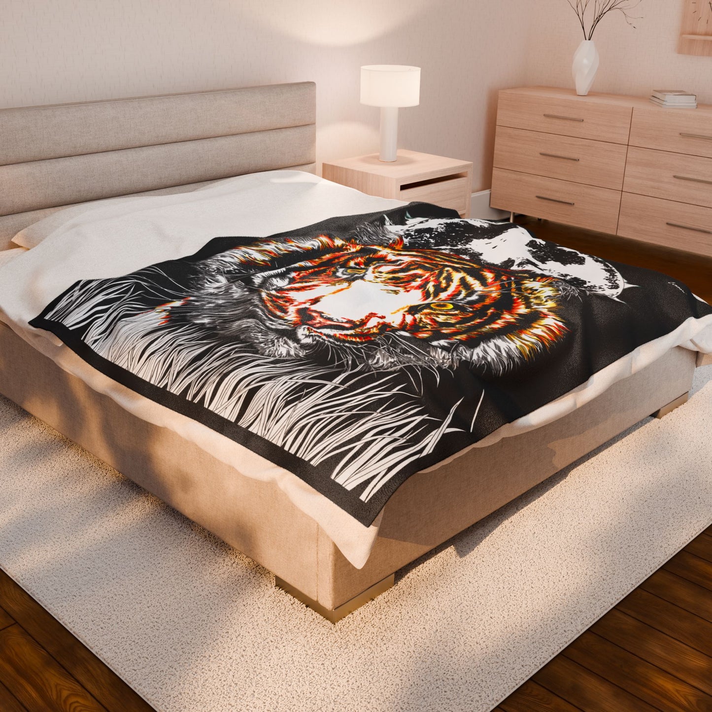 Majestic tiger artwork blanket featuring vibrant colors and a striking design on plush fabric.
