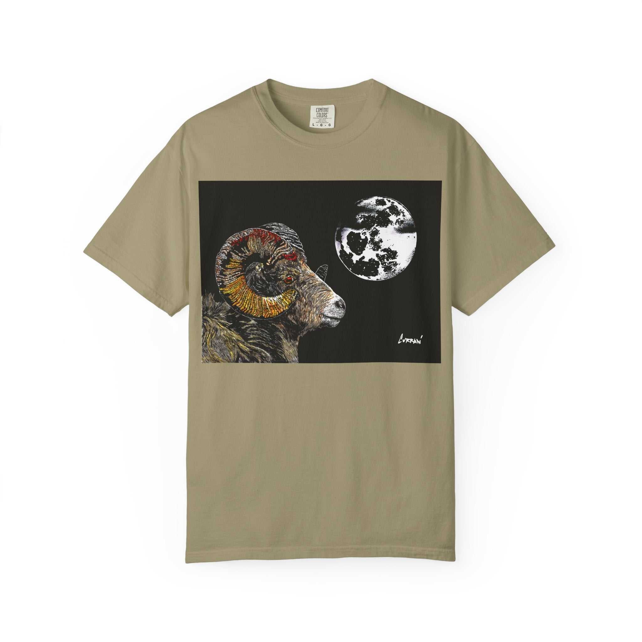 Elevate your style with our Mountain Ram and Moon Graphic Unisex T-Shirt, Nature-Inspired Artwear. Stand out with this unique piece now!