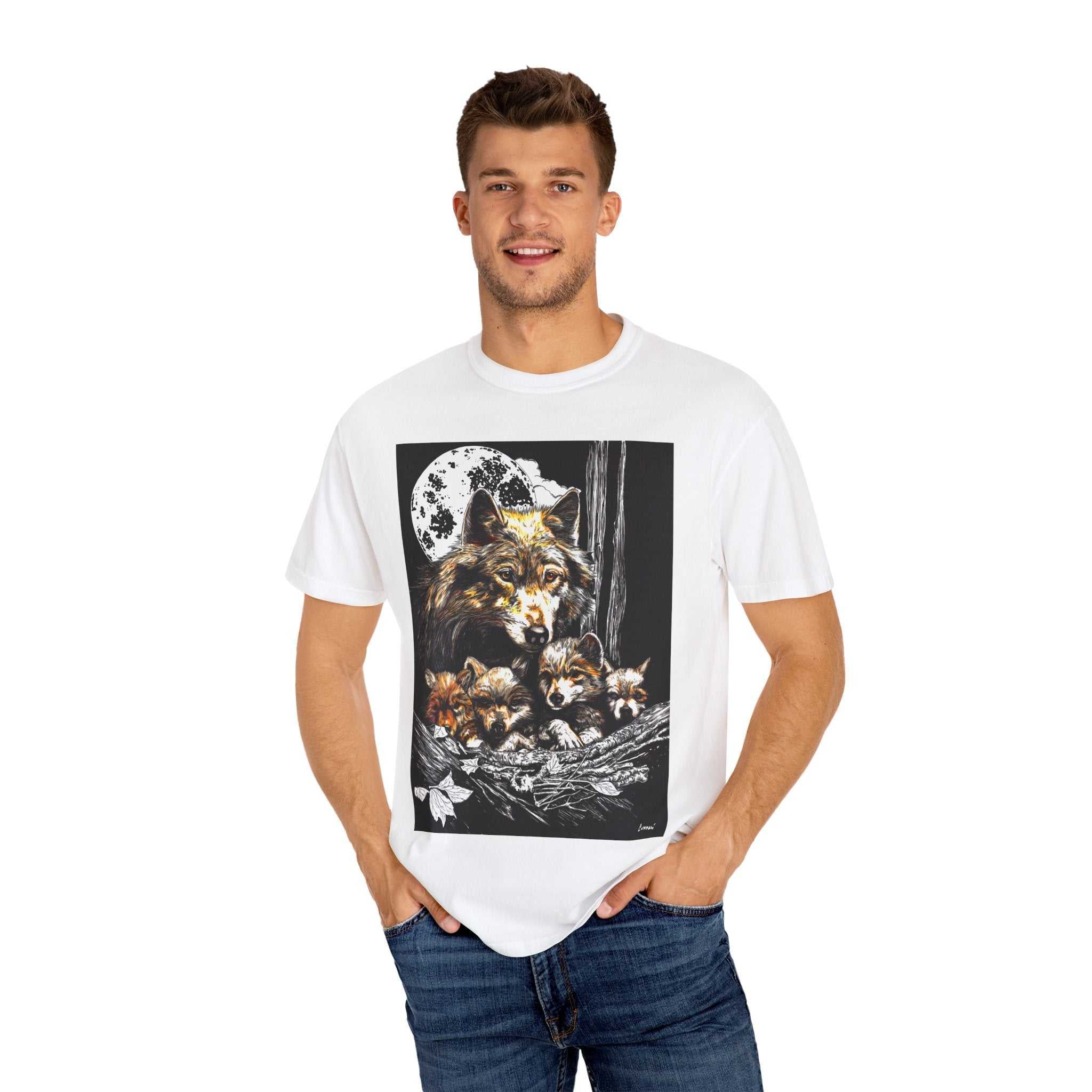 Experience nature inspired art with our exclusive Wolf Family Garment-Dyed T-Shirt - Nature Inspired Art. Stand out in style and connect with wildlife.