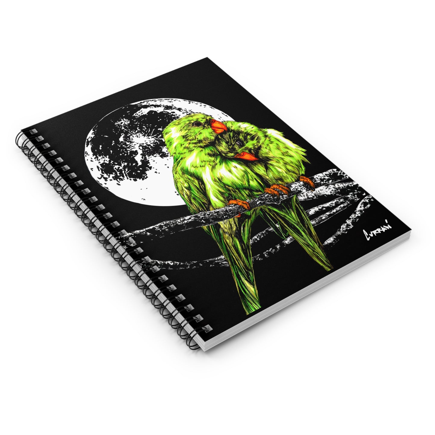 Two Parrots in the Moonlight Spiral Notebook, Ruled Line, Hand-Drawn Art