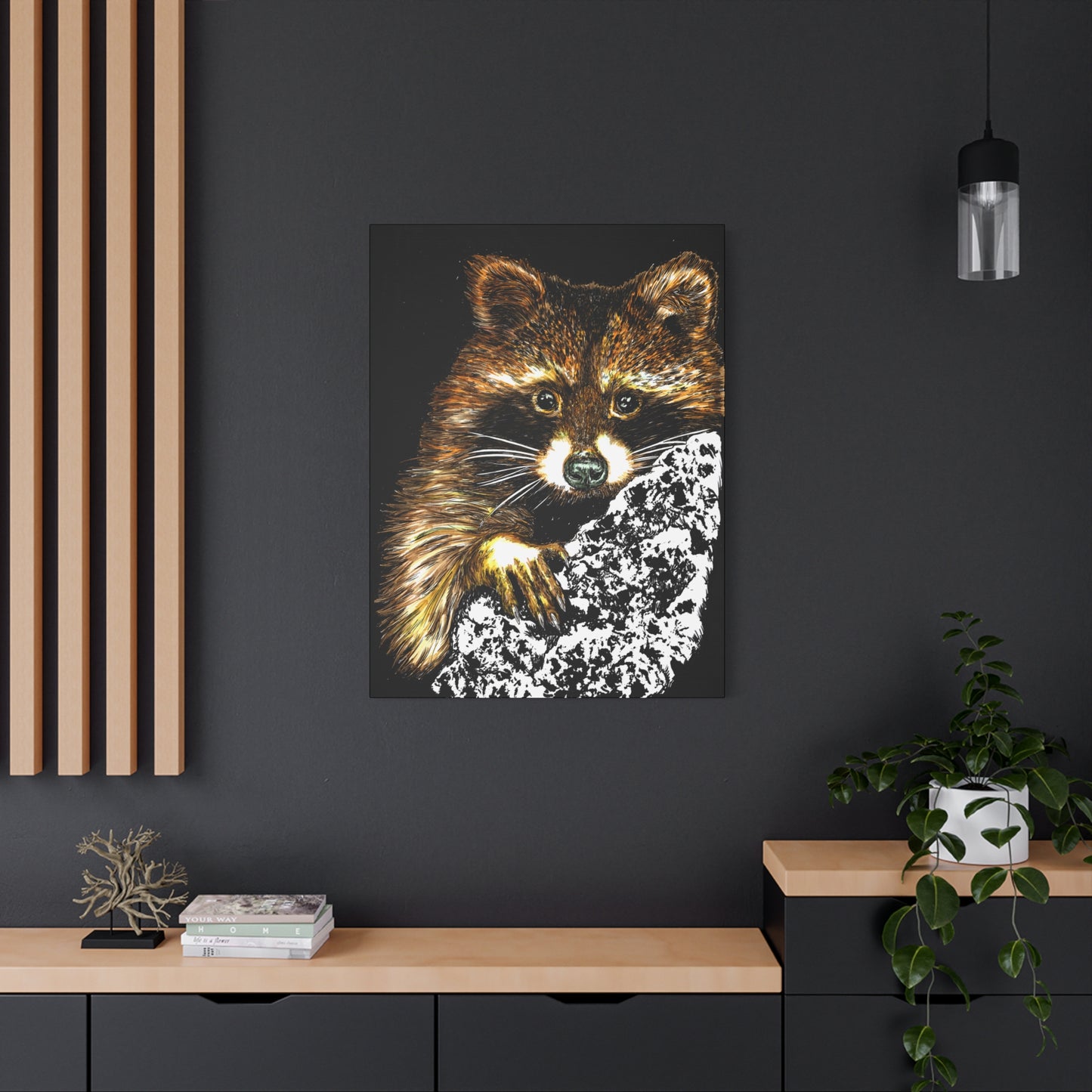 Raccoon in Tree Wall Art Canvas Print of the Original, hand drawn wall art of a Raccoon in a Tree