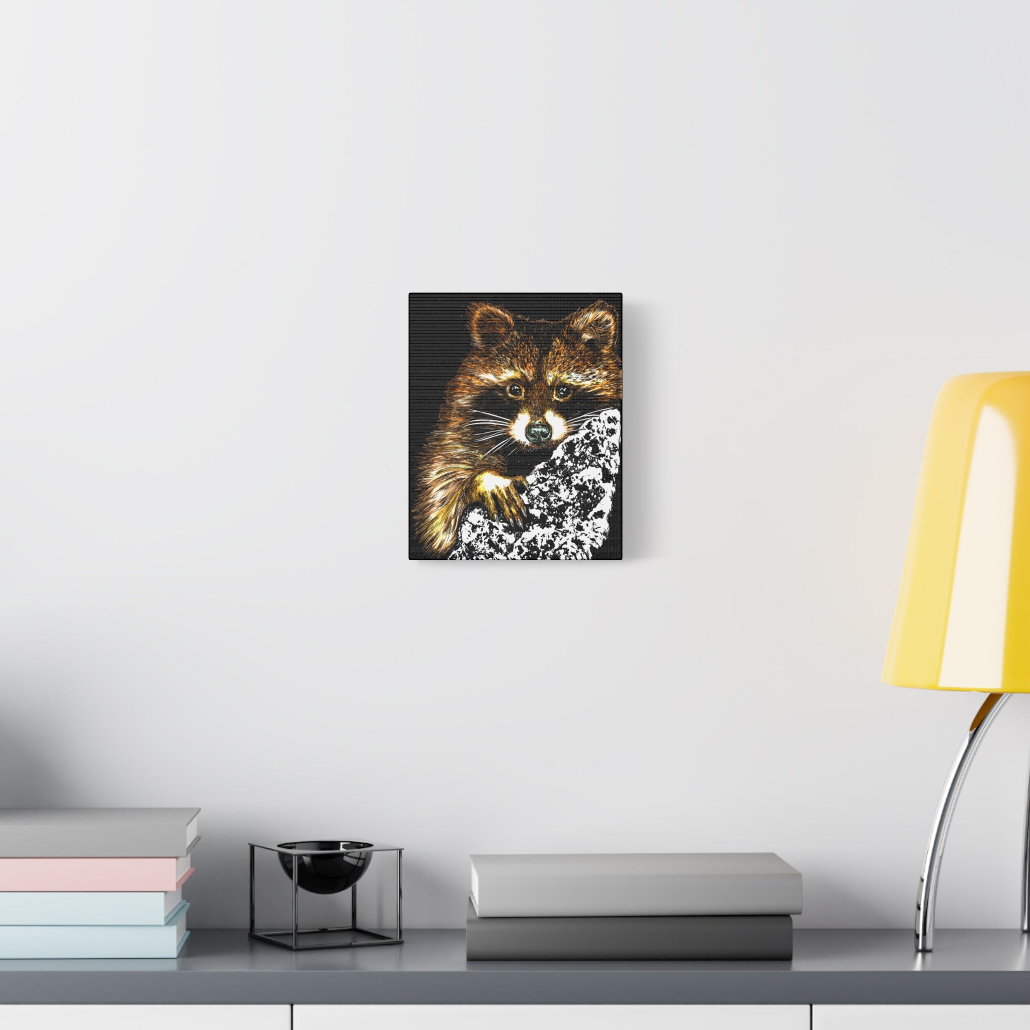 Raccoon in Tree Wall Art Canvas Print of the Original, hand drawn animal wall art poster of a Raccoon in a Tree by artist Kris Curran at Curran Artworks.