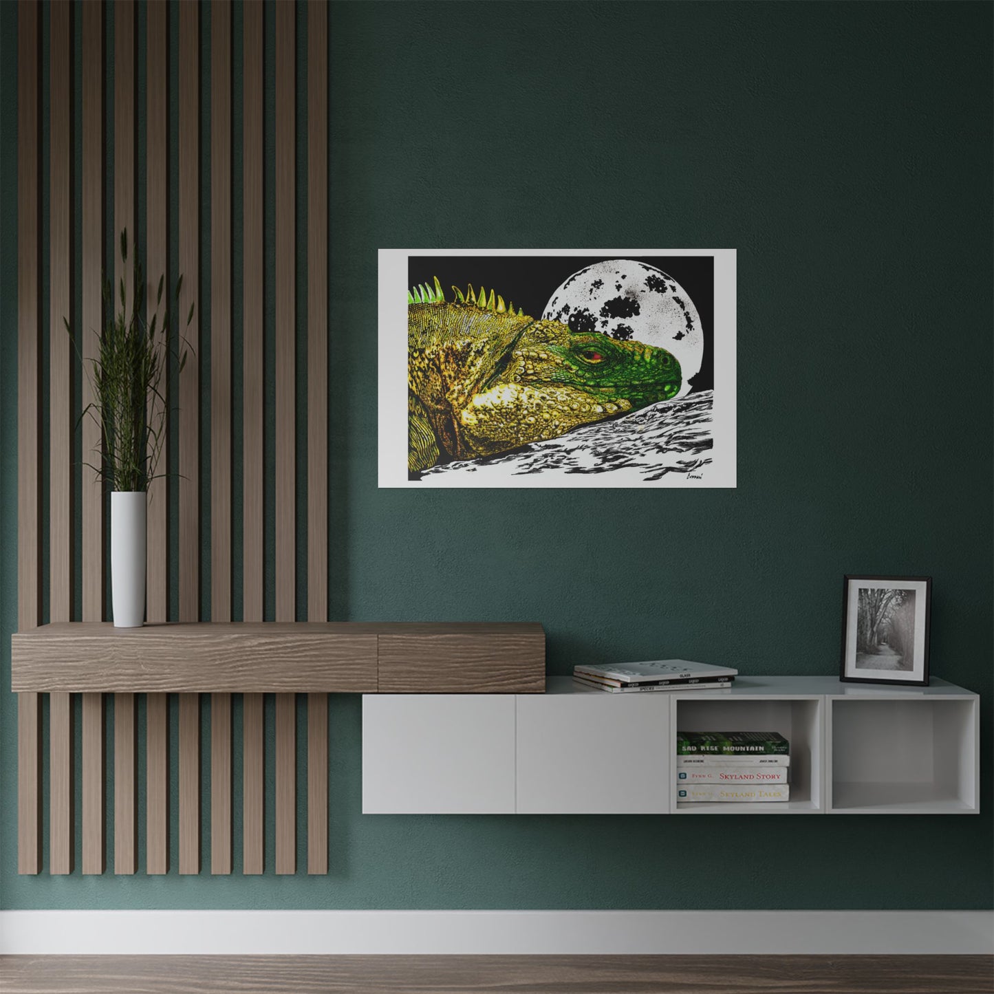 Vibrant Iguana Satin Poster - Moonlit Art Print for Nature Lovers