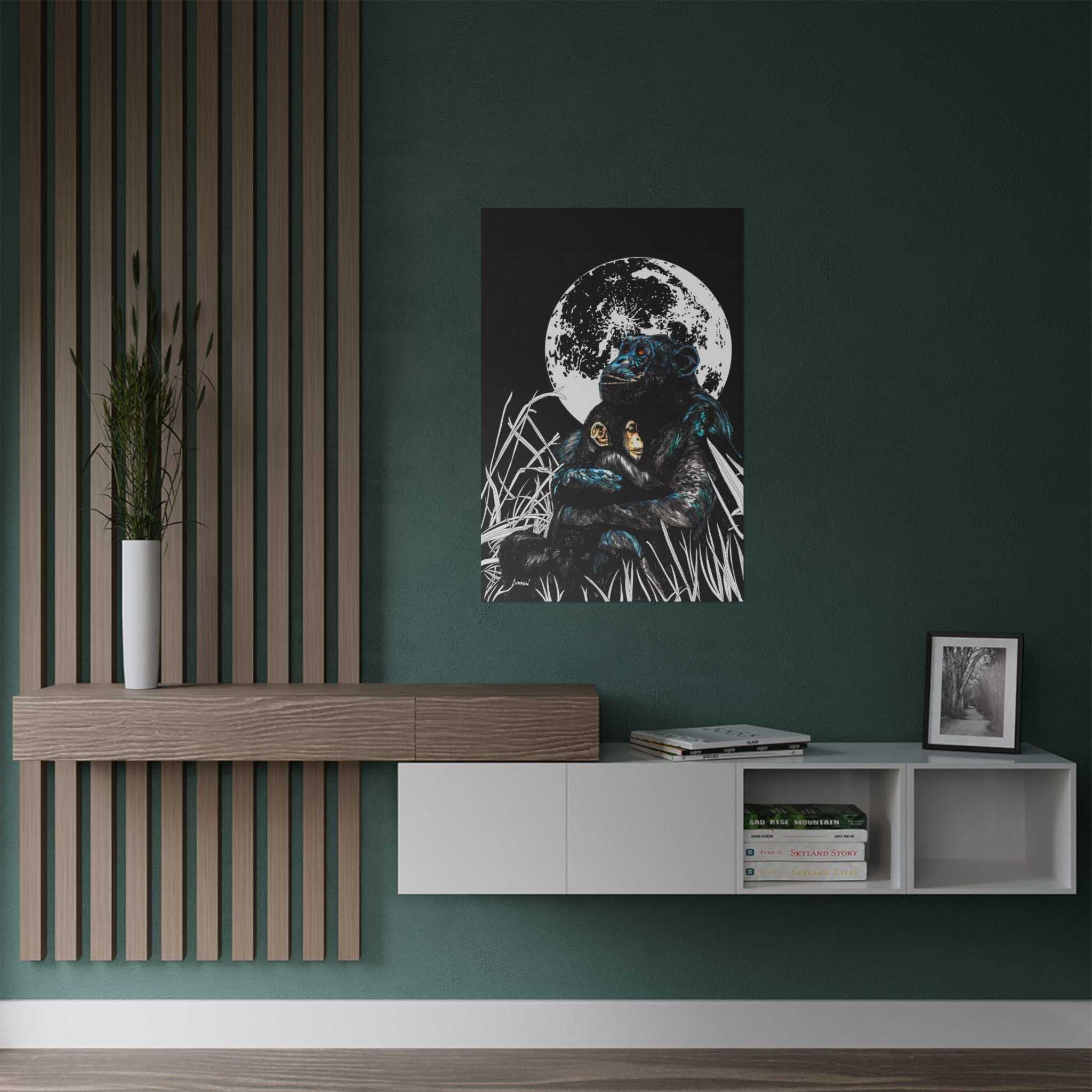 Satin Poster - Moonlit Gorilla and Child Embrace Art Print featuring the Hand Drawn, Original Animal Wall Art Poster by Kris Curran artist at Curran Artworks.