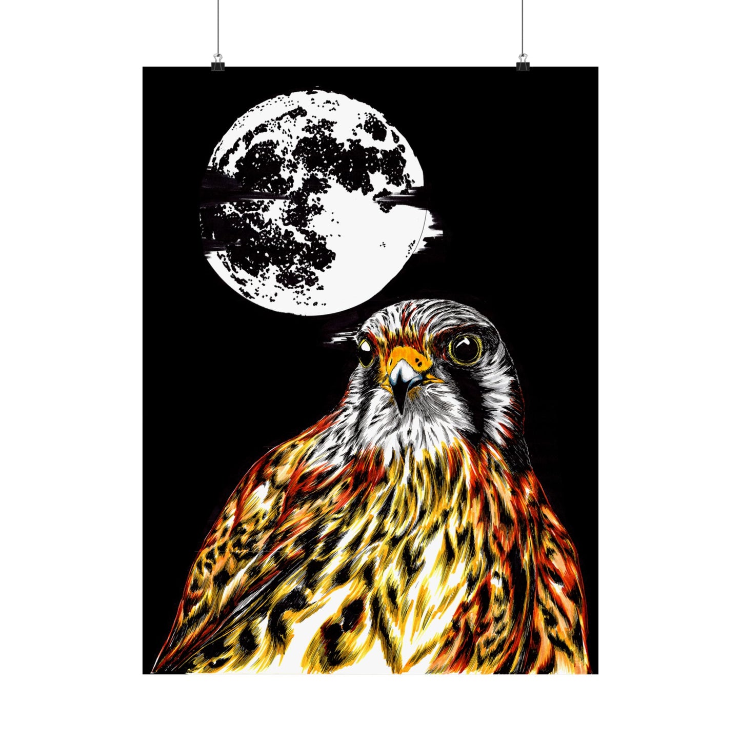 Wildlife Satin Poster - Majestic Falcon with Moon Design