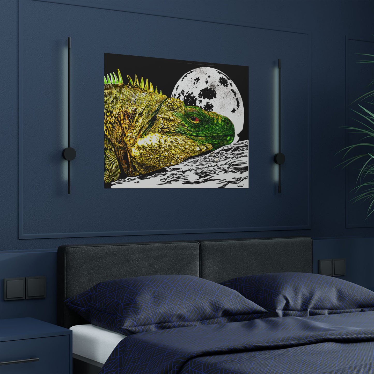 Vibrant Iguana Satin Poster - Moonlit Art Print for Nature Lovers