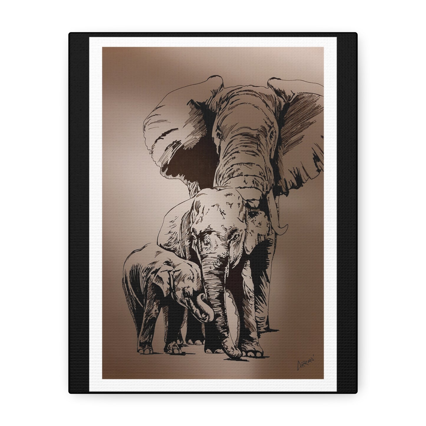 Title: Elephant Family Wall Art, Elephant Print, Wildlife Art, Hand-Drawn Elephant, Safari Wall Decor, Animal Lover Gift, Nature Art. Printed on Matte Canvas, Stretched, 1.25"