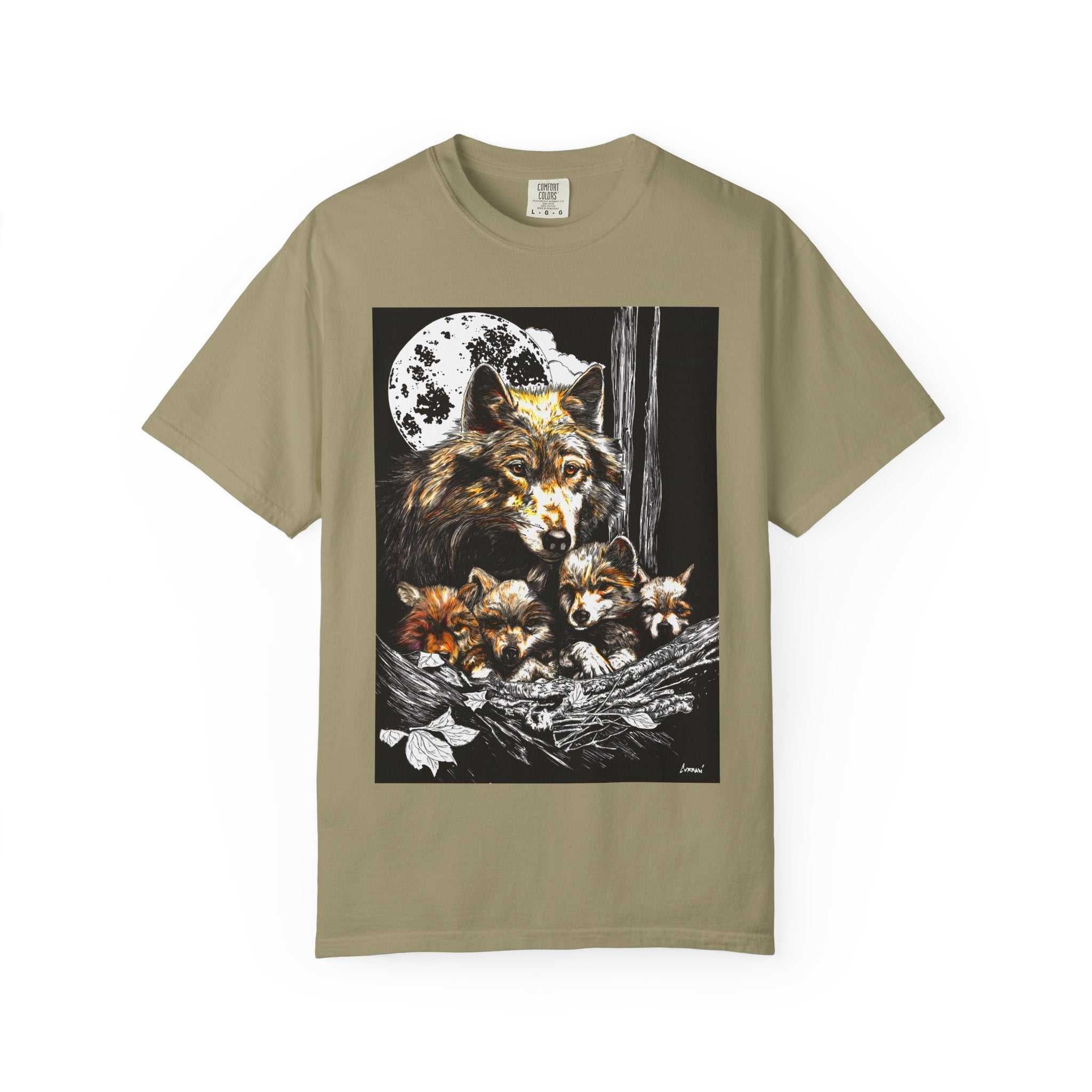 Experience nature inspired art with our exclusive Wolf Family Garment-Dyed T-Shirt - Nature Inspired Art. Stand out in style and connect with wildlife.