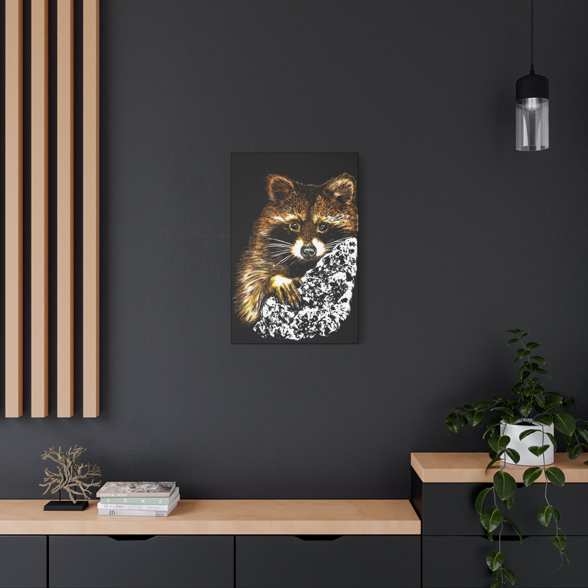 Raccoon in Tree Wall Art Canvas Print of the Original, hand drawn animal wall art poster of a Raccoon in a Tree by artist Kris Curran at Curran Artworks.
