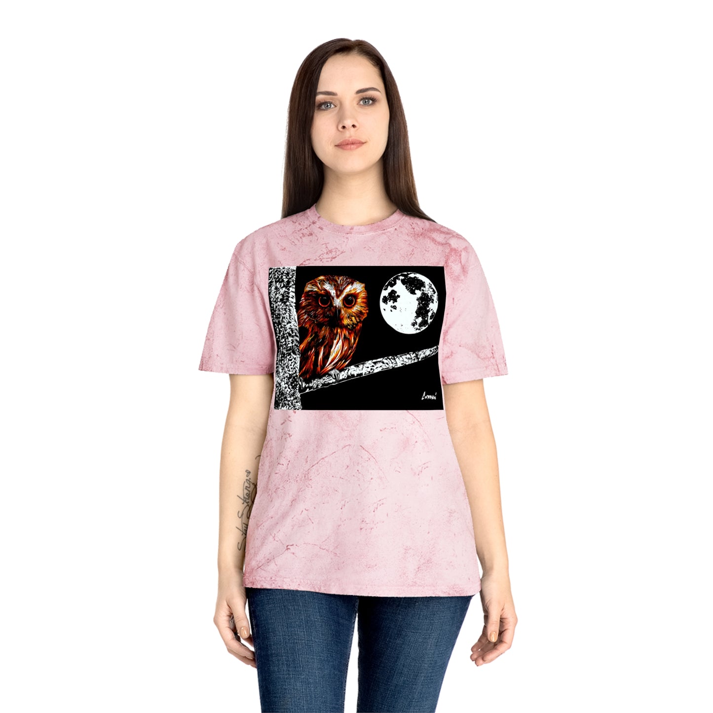 Owl on a Branch Color Blast T Shirt Original Hand Drawn Art