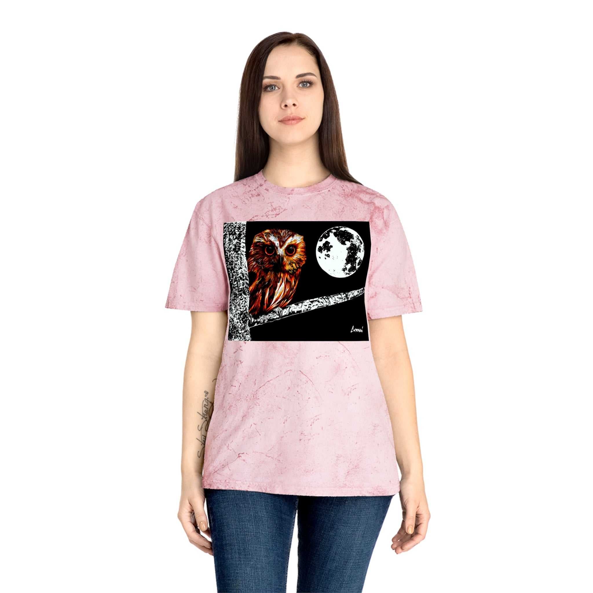 Owl on a Branch Color Blast T Shirt Original Hand Drawn Art