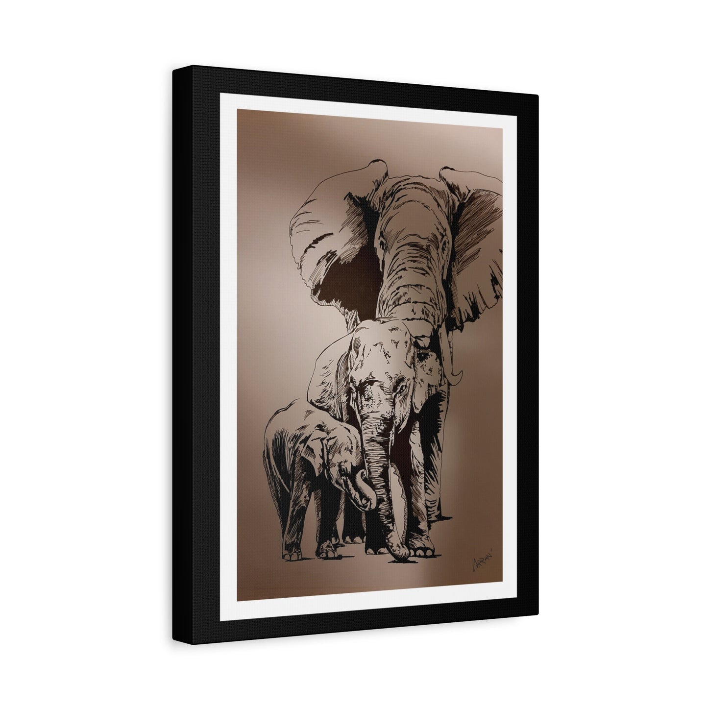 Title: Elephant Family Wall Art, Elephant Print, Wildlife Art, Hand-Drawn Elephant, Safari Wall Decor, Animal Lover Gift, Nature Art. Printed on Matte Canvas, Stretched, 1.25"