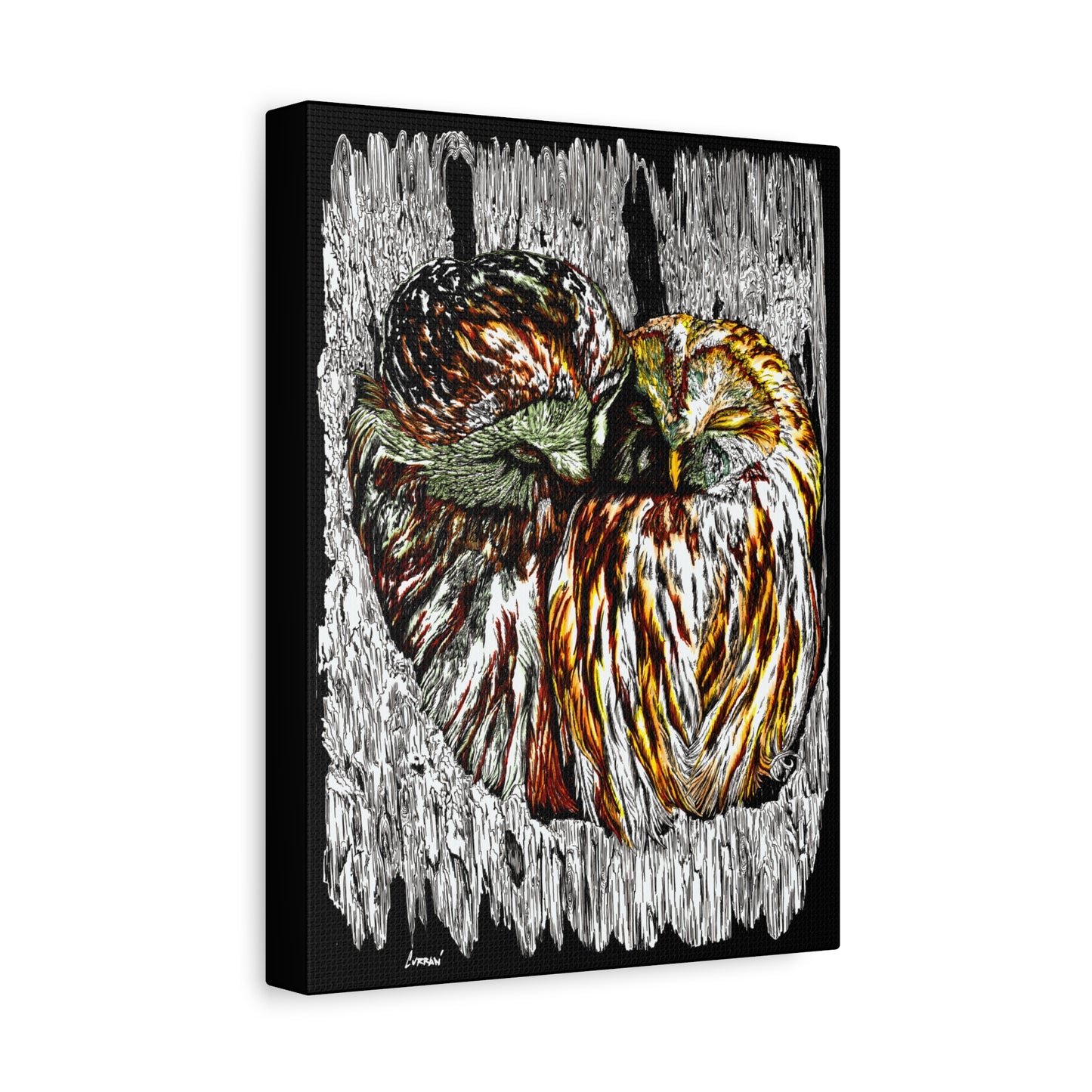 Owl Wall Art, Owl Print, Hand-Drawn Owls, Wildlife Art, Birds in Tree, Nature Wall Decor, Owl Lovers Gift, Woodland Art. Printed on Matte Canvas, Stretched, 1.25"
