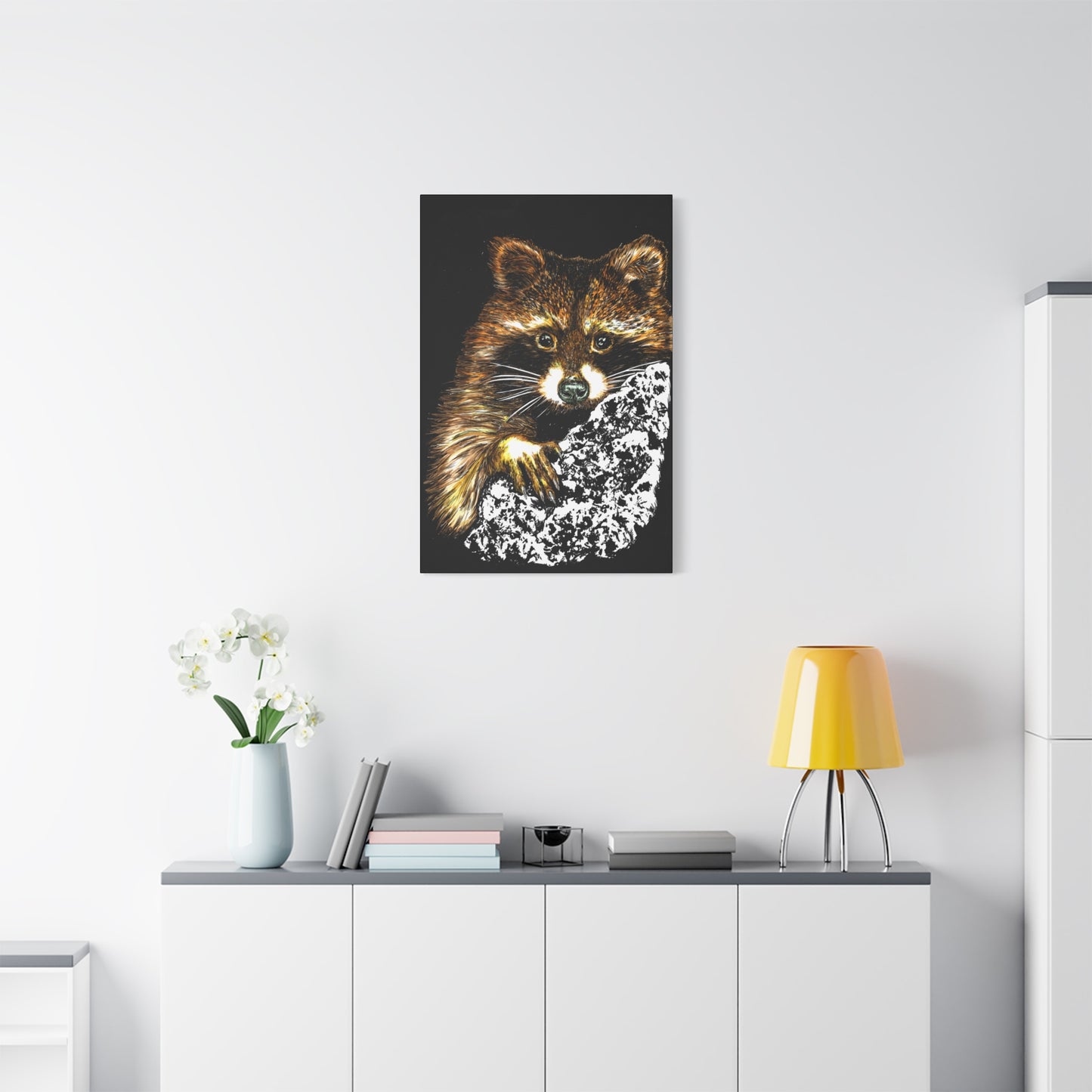Raccoon in Tree Wall Art Canvas Print of the Original, hand drawn wall art of a Raccoon in a Tree