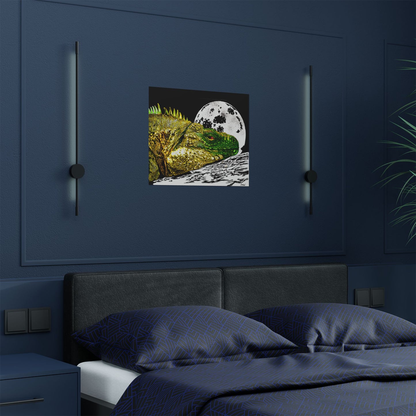 Vibrant Iguana Satin Poster - Moonlit Art Print for Nature Lovers