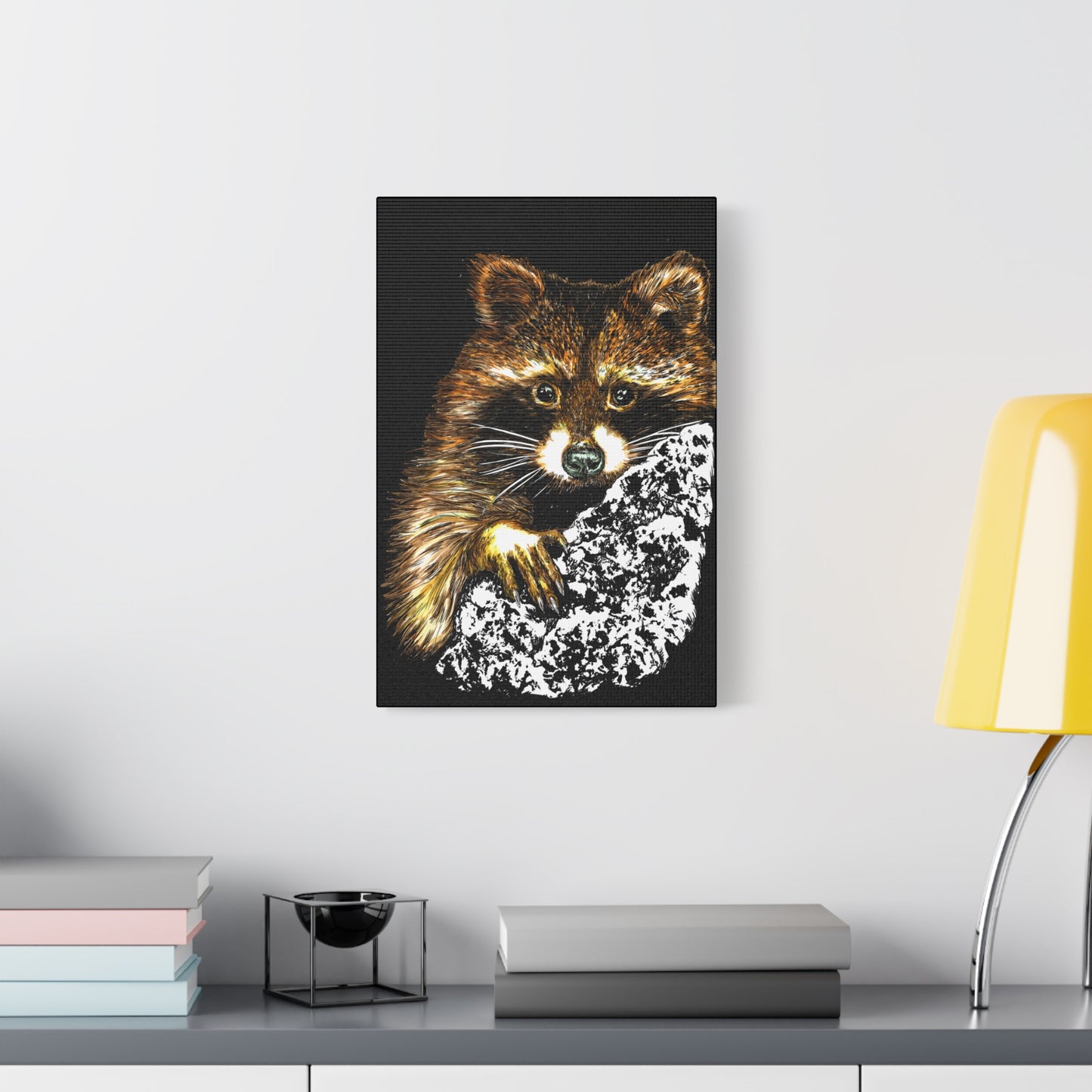 Raccoon in Tree Wall Art Canvas Print of the Original, hand drawn wall art of a Raccoon in a Tree