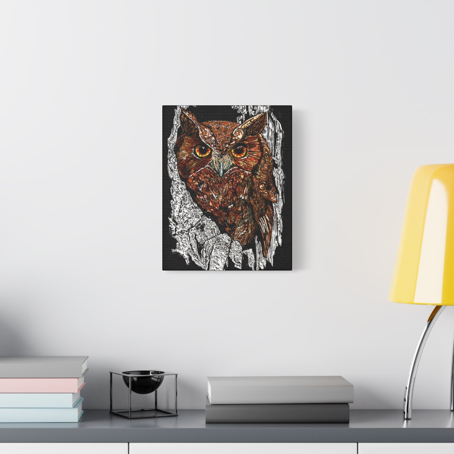 Owls in a Tree Wall Art Canvas Print of the Original, hand drawn wall art of an Owls in a Tree