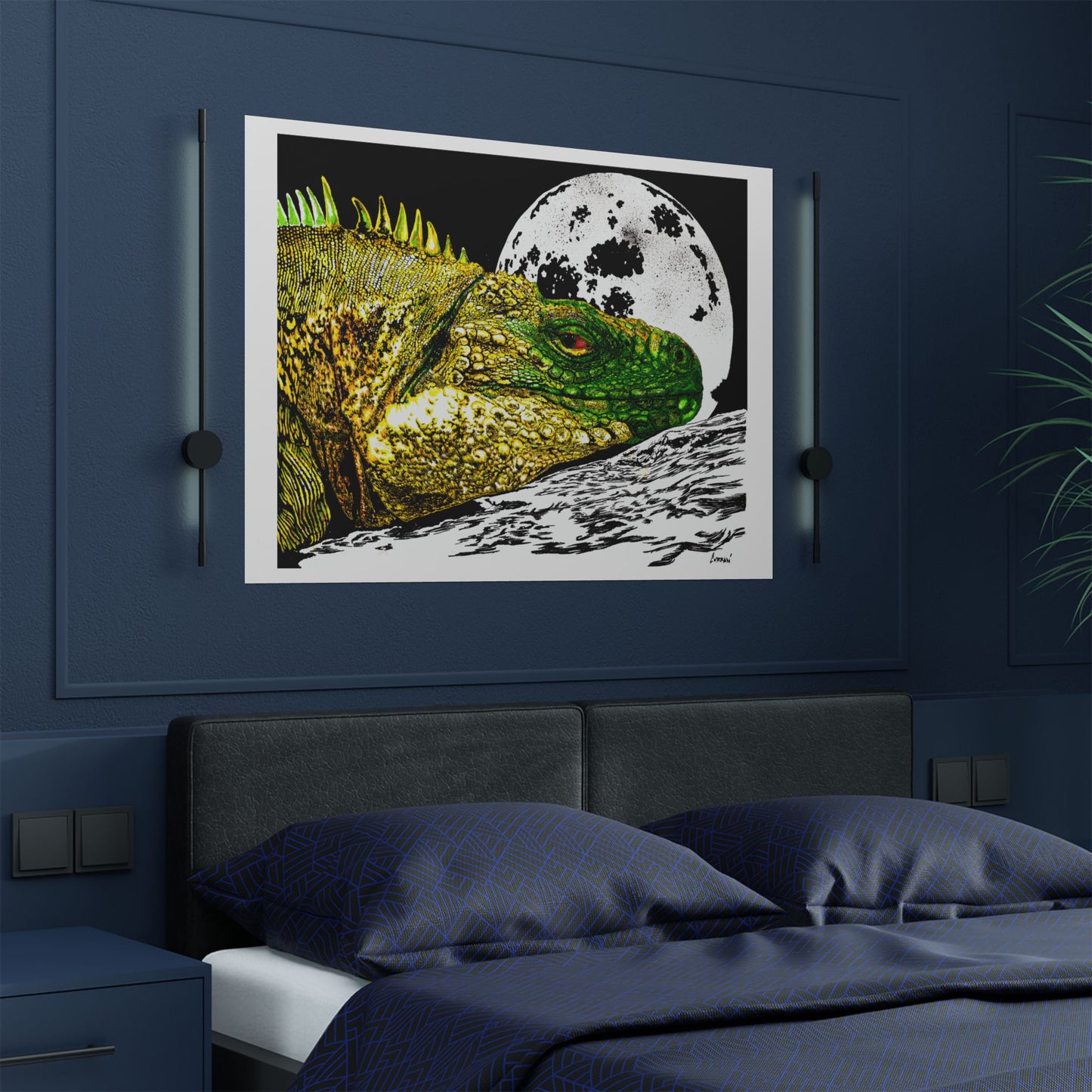 Vibrant Iguana Satin Poster - Moonlit Art Print for Nature Lovers