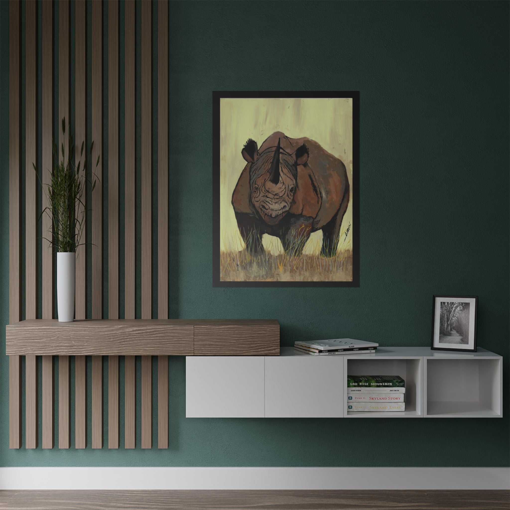 Discover the beauty of Rhino Wildlife Satin Poster - Majestic Rhino Art - Nature Decor - Majestic Rhino Art. Bring the wild into your home today!