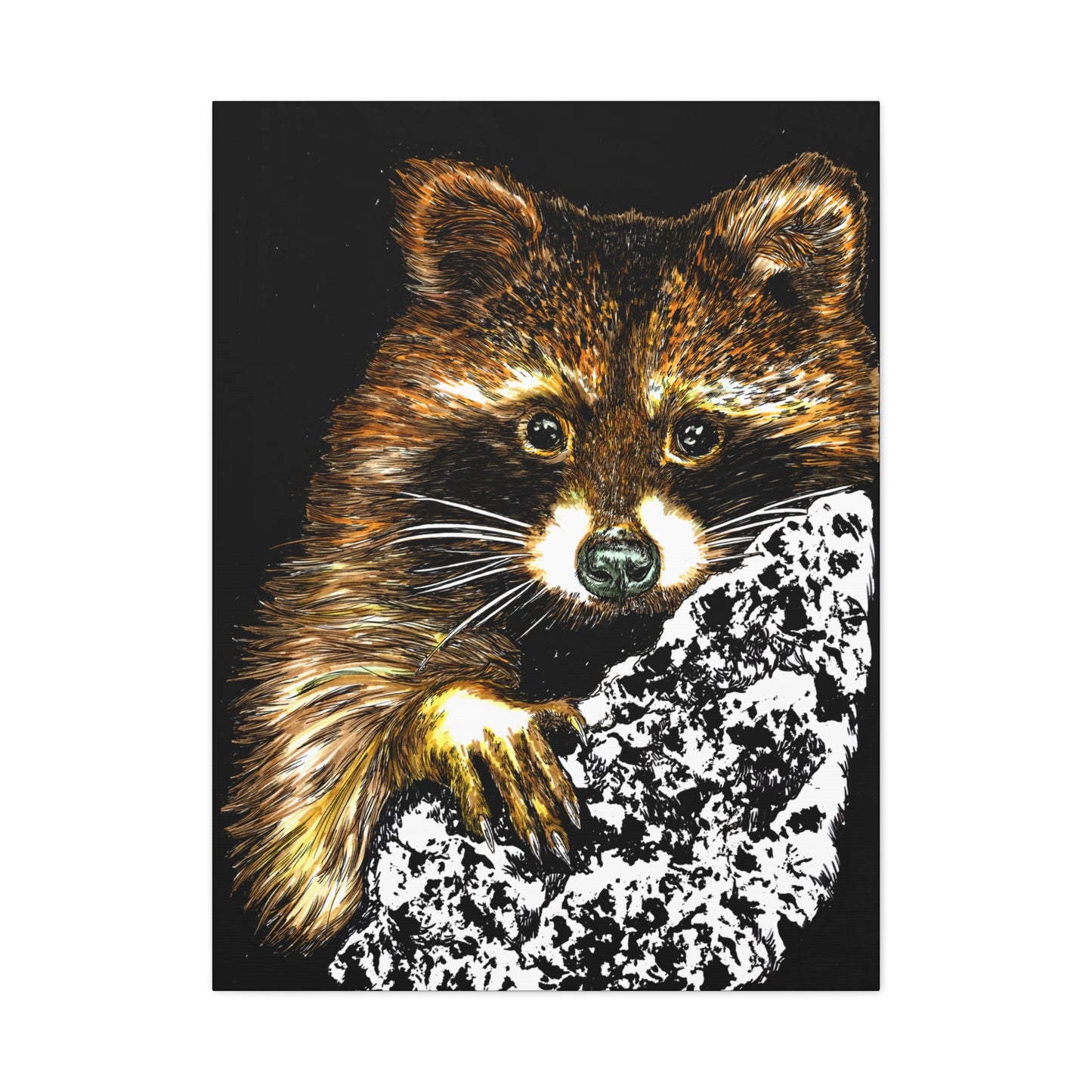 Raccoon in Tree Wall Art Canvas Print of the Original, hand drawn wall art of a Raccoon in a Tree