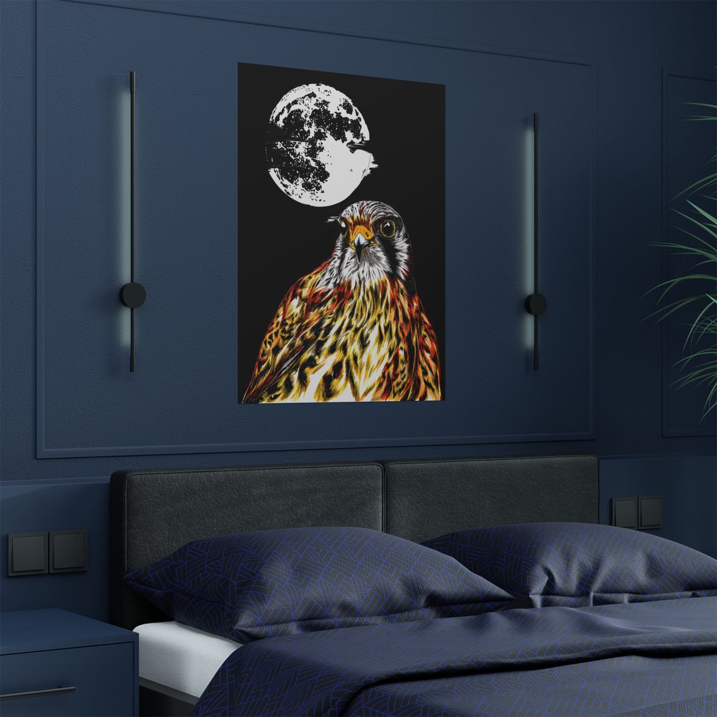 Wildlife Satin Poster - Majestic Falcon with Moon Design