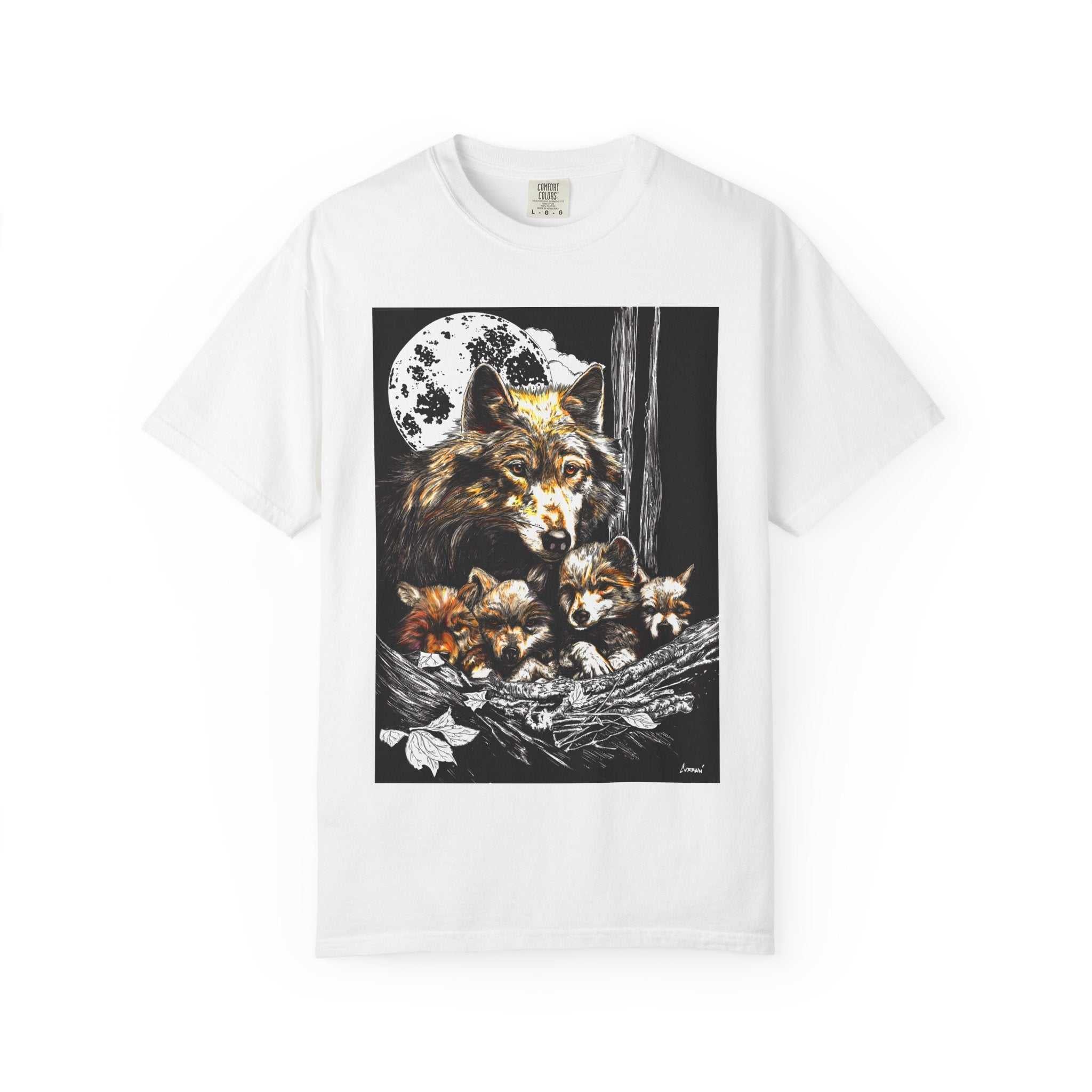 Experience nature inspired art with our exclusive Wolf Family Garment-Dyed T-Shirt - Nature Inspired Art. Stand out in style and connect with wildlife.