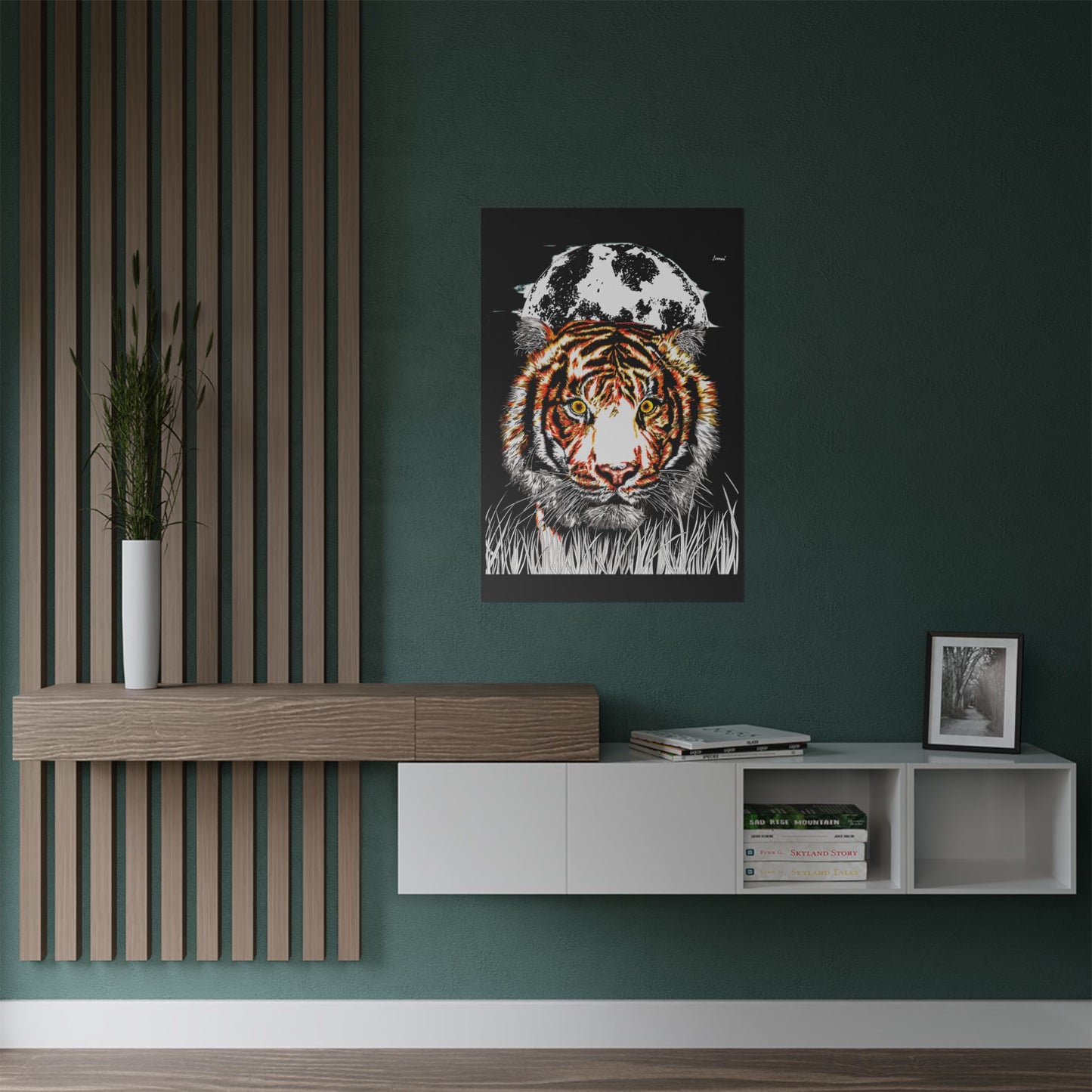 Majestic Tiger Satin Poster - 300gsm Art Print with Moon Design