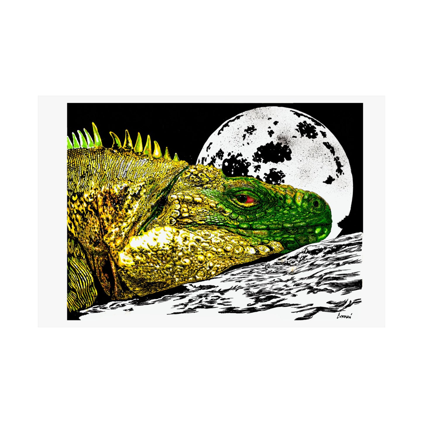 Vibrant Iguana Satin Poster - Moonlit Art Print for Nature Lovers