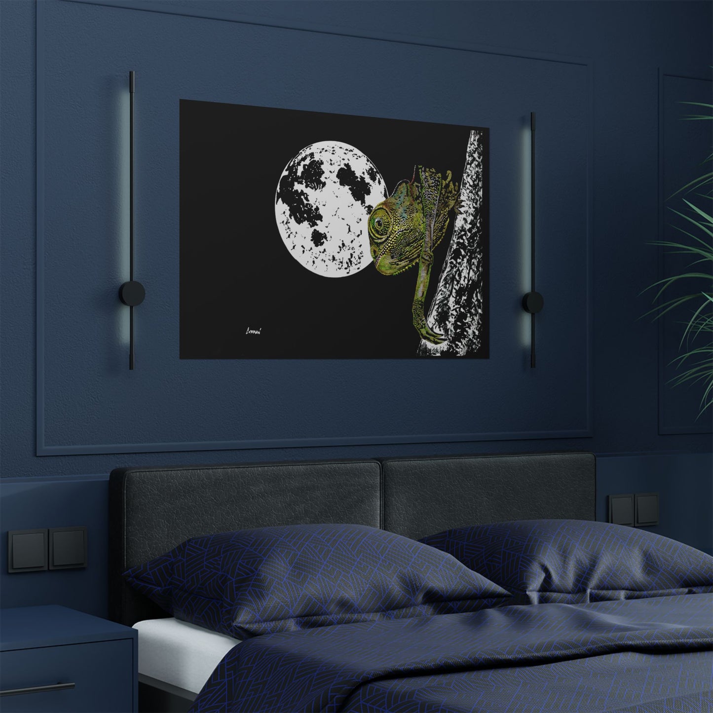 Moonlit Chameleon Satin Poster - 300gsm Art Print for Unique Home Decor
