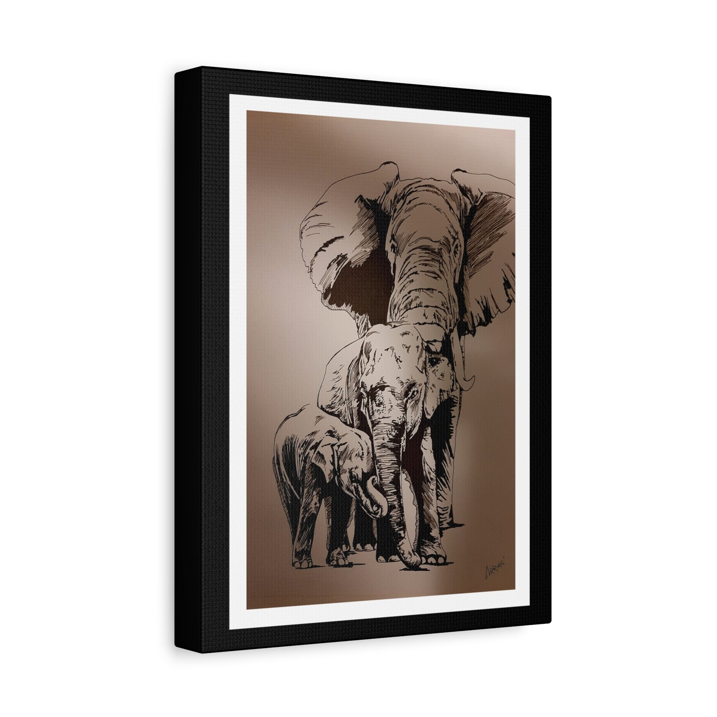 Title: Elephant Family Wall Art, Elephant Print, Wildlife Art, Hand-Drawn Elephant, Safari Wall Decor, Animal Lover Gift, Nature Art. Printed on Matte Canvas, Stretched, 1.25"