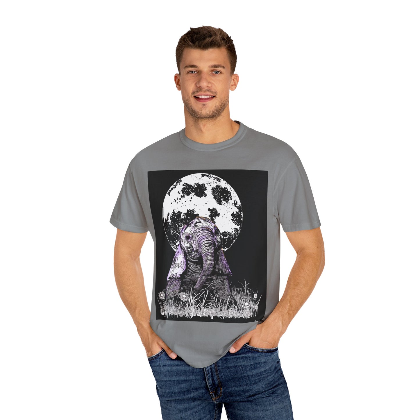Moonlit Baby Elephant Unisex T-shirt | Eco-Friendly Garment-Dyed Tee