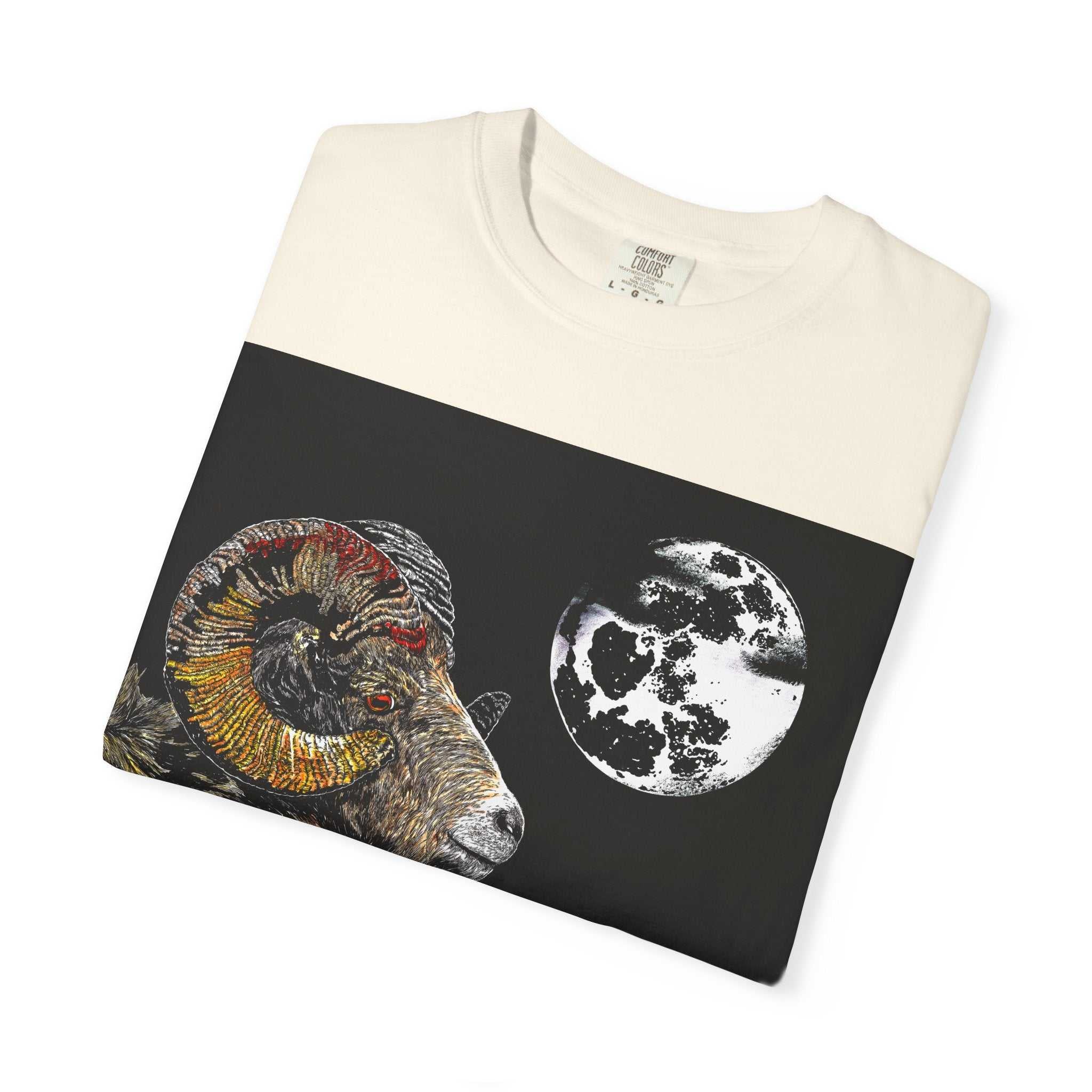 Elevate your style with our Mountain Ram and Moon Graphic Unisex T-Shirt, Nature-Inspired Artwear. Stand out with this unique piece now!