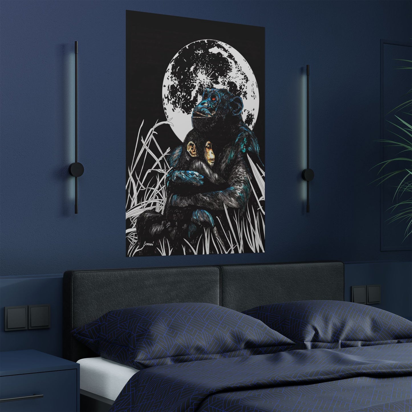 Satin Poster - Moonlit Chimpanzee Embrace Art Print