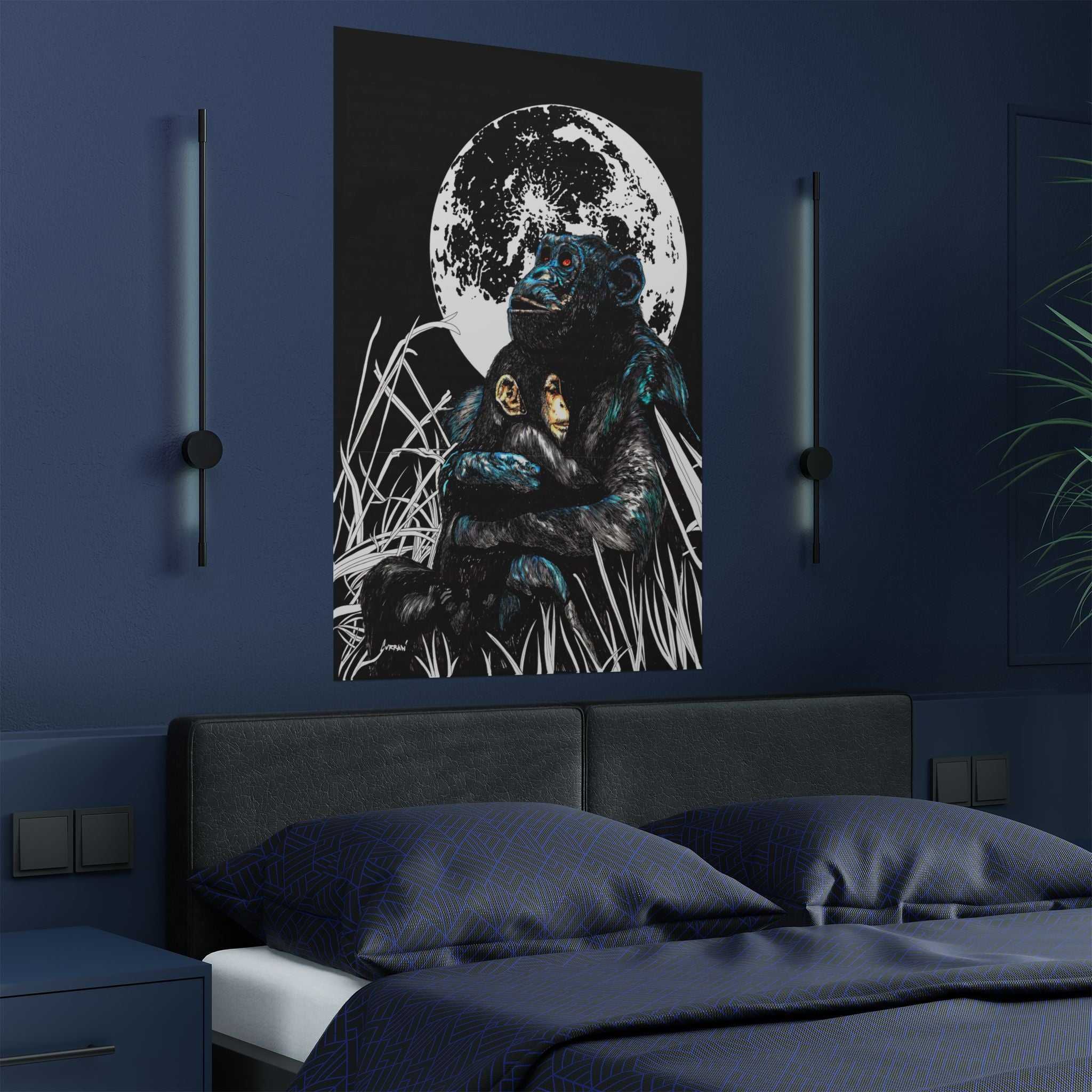 Satin Poster - Moonlit Gorilla and Child Embrace Art Print featuring the Hand Drawn, Original Animal Wall Art Poster by Kris Curran artist at Curran Artworks.