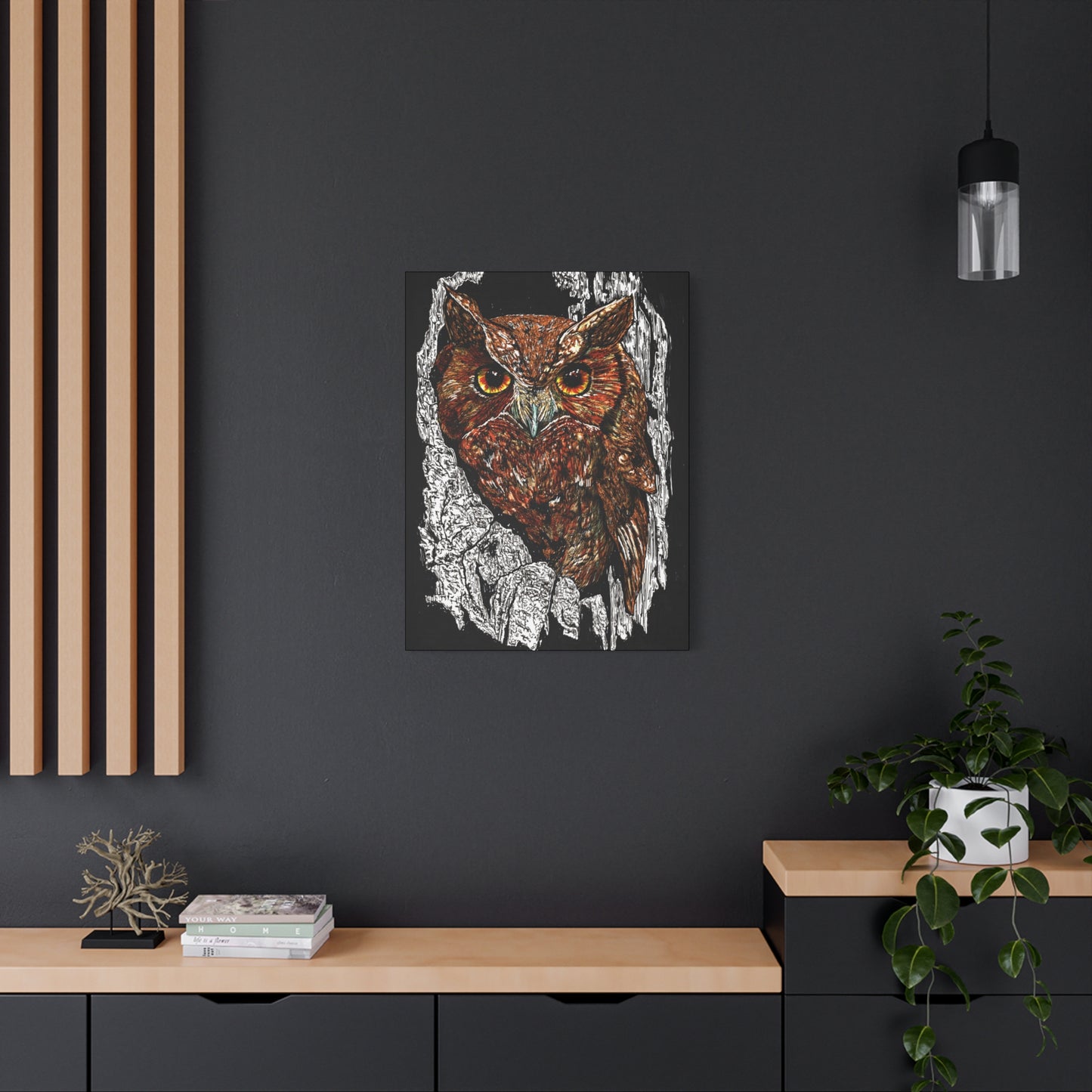 Owls in a Tree Wall Art Canvas Print of the Original, hand drawn wall art of an Owls in a Tree