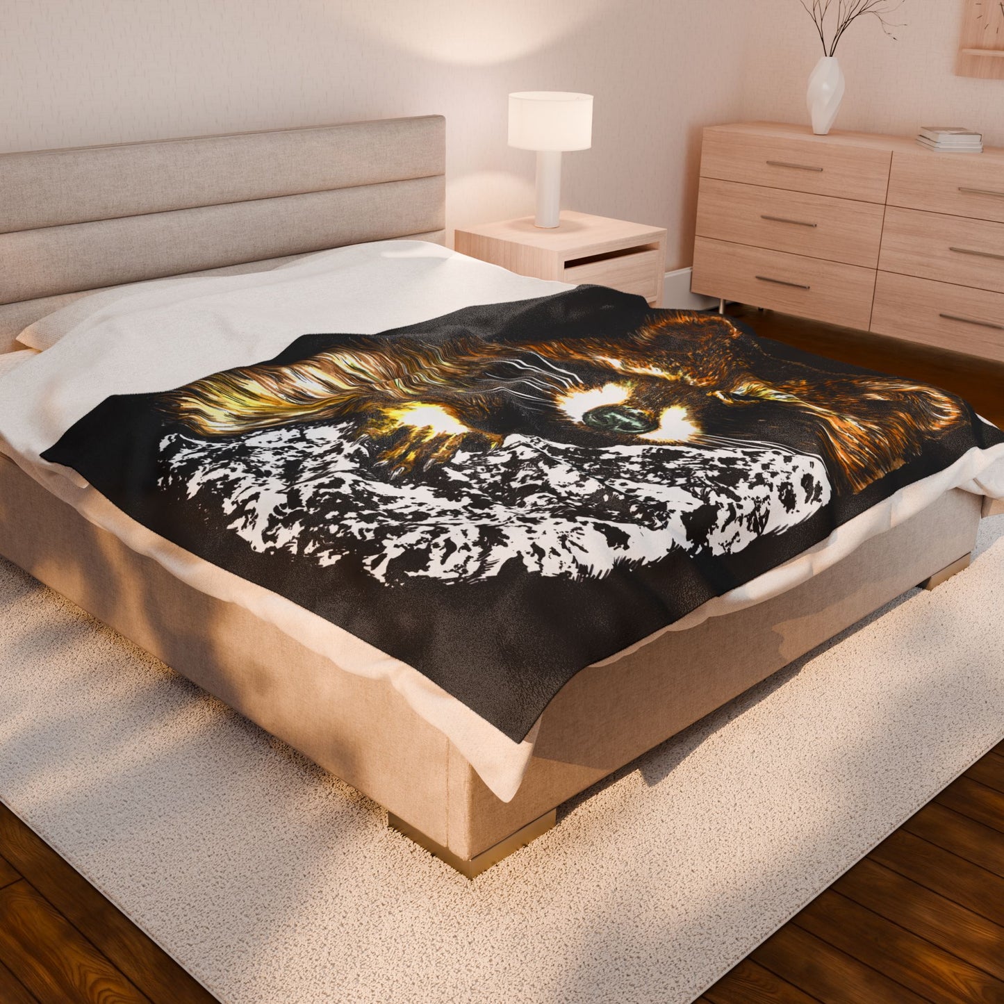 Raccoon illustration on black background, featured on a plush blanket designed for animal lovers.