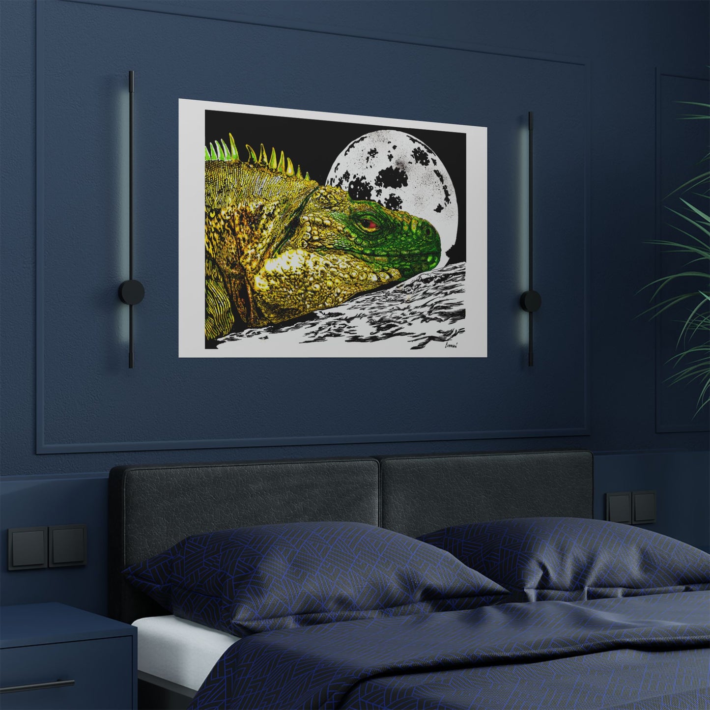 Vibrant Iguana Satin Poster - Moonlit Art Print for Nature Lovers