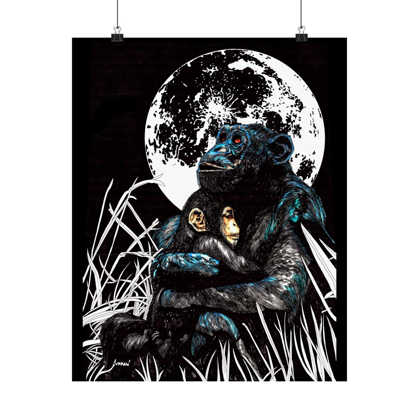 Satin Poster - Moonlit Chimpanzee Embrace Art Print