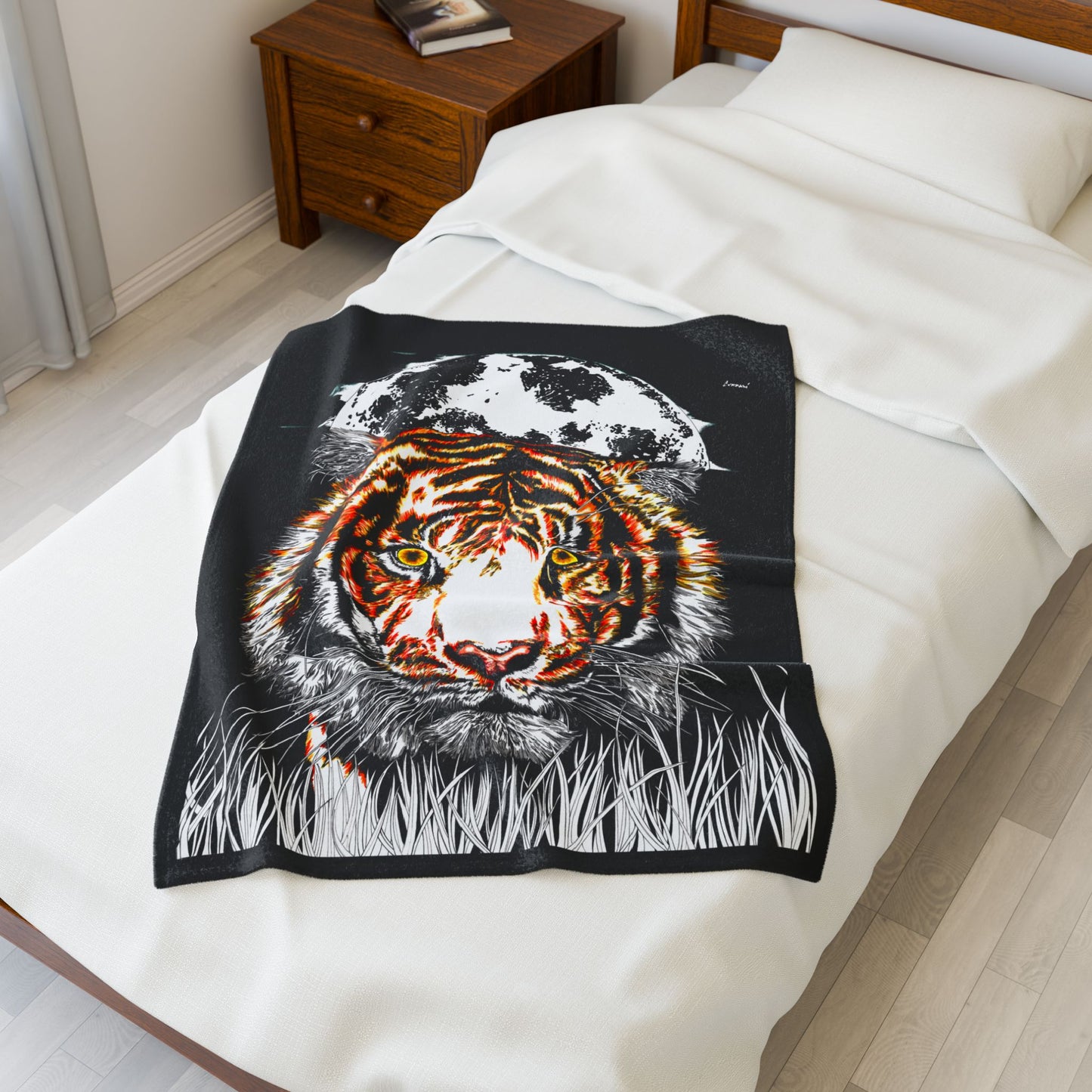 Majestic tiger velveteen plush blanket on a bed, adding cozy home decor with striking design.