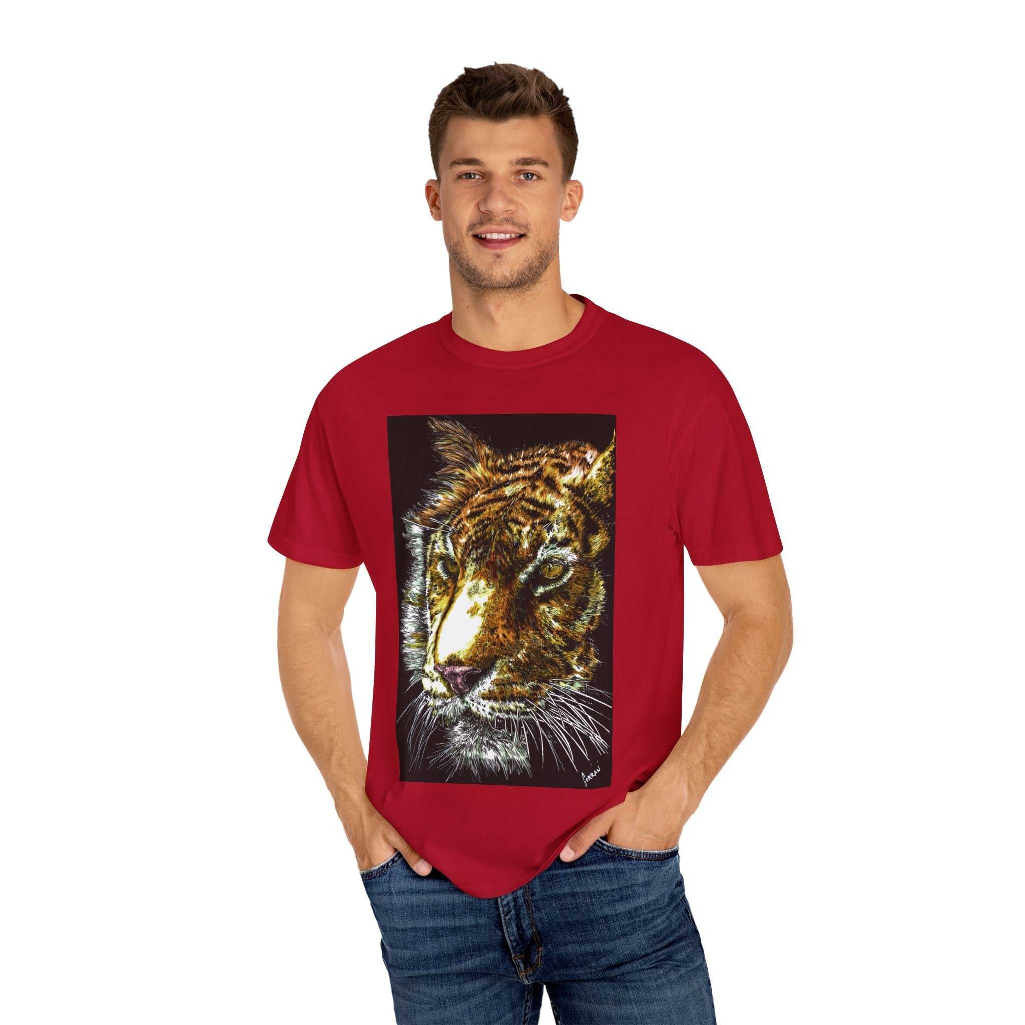 Discover your wild side with our Tiger Art T-Shirt - Vibrant Animal Print - Nature Lover's Apparel featuring the original hand drawn art. Stand out in style!