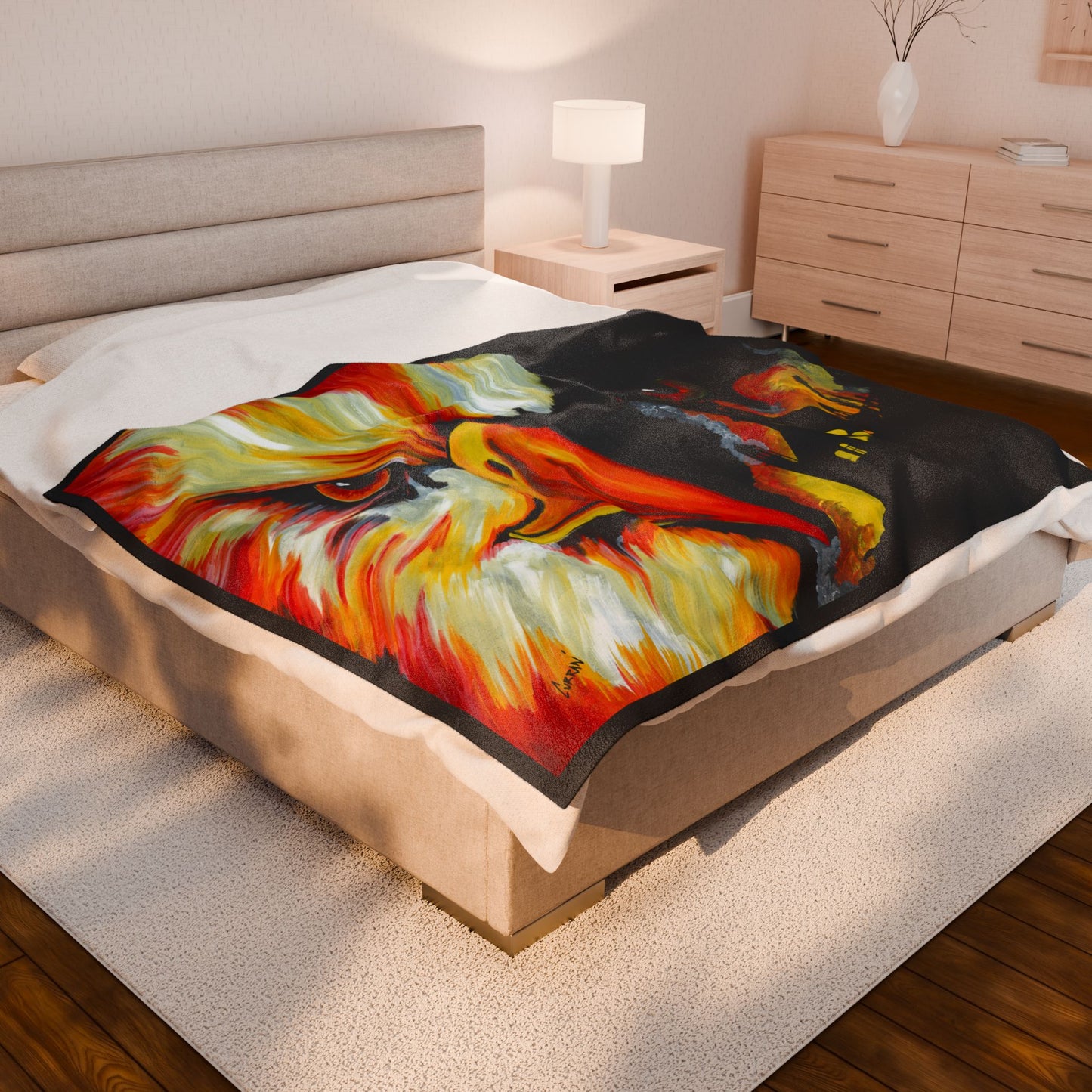 Vibrant Phoenix Velveteen Plush Blanket with Artistic Bird