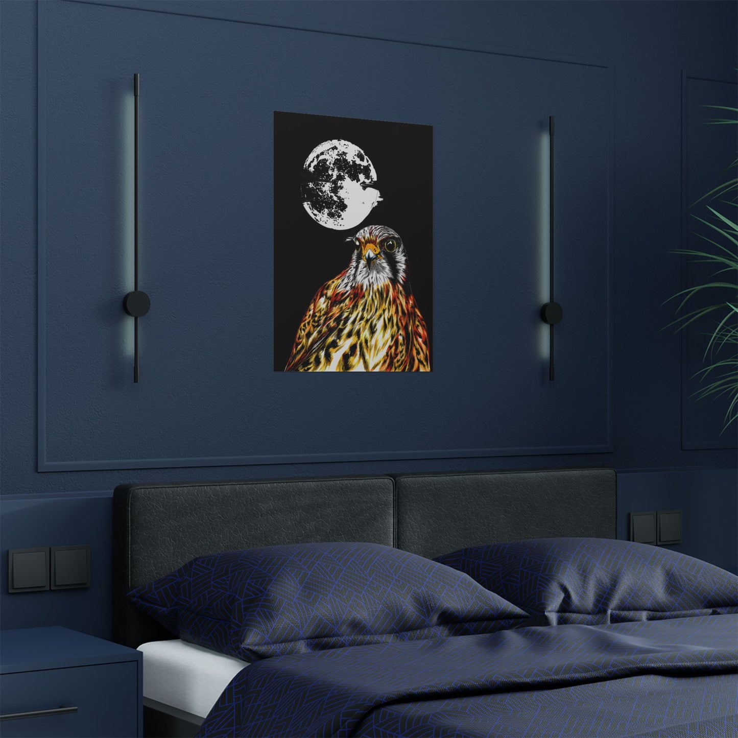 Wildlife Satin Poster - Majestic Falcon with Moon Design
