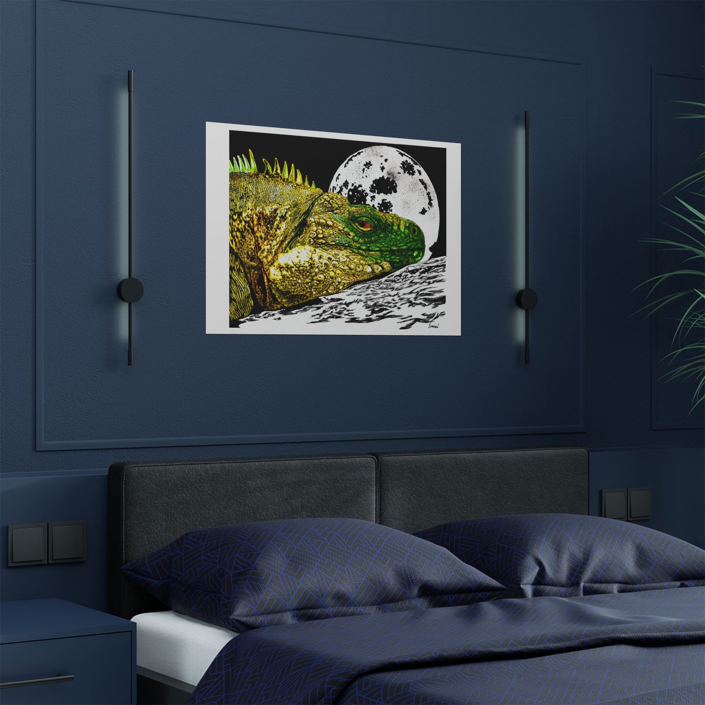 Vibrant Iguana Satin Poster - Moonlit Art Print for Nature Lovers