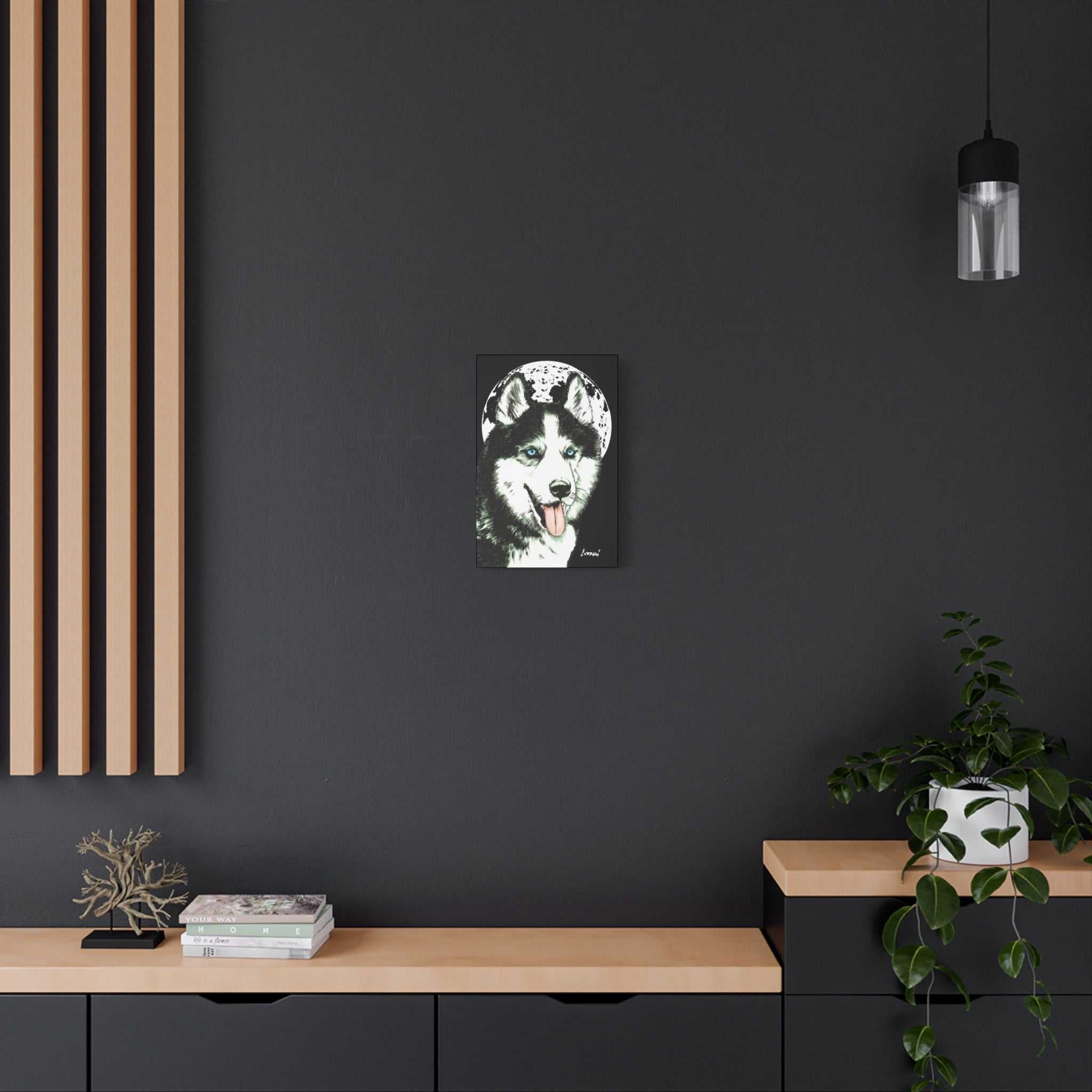 Transform your space with Siberian Husky Canvas Wall Art - Moonlit Dog Decor. Add a touch of mystery and beauty to your walls today!