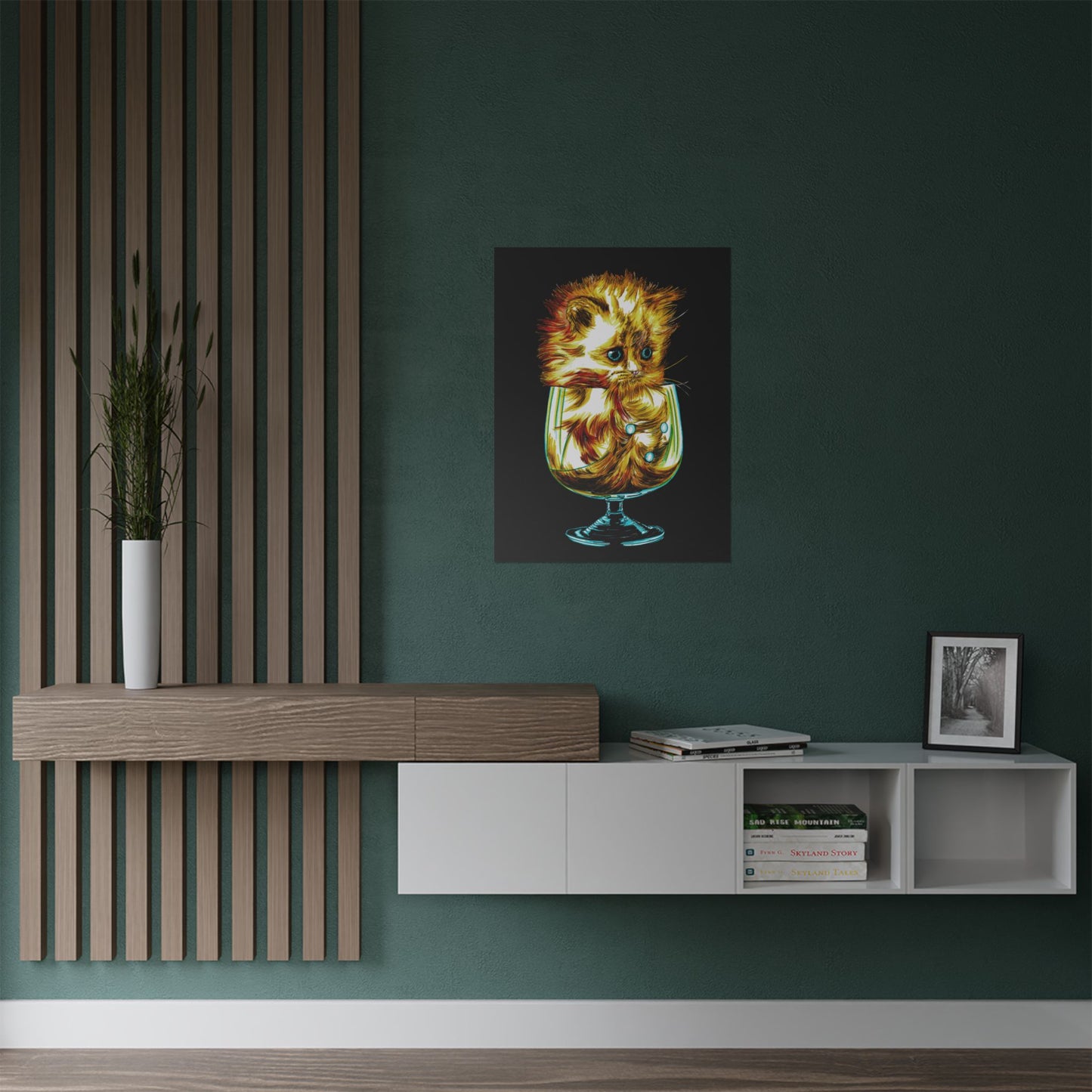 Whimsical Cat in Glass Satin Poster - 300gsm Art Print for Cat Lovers