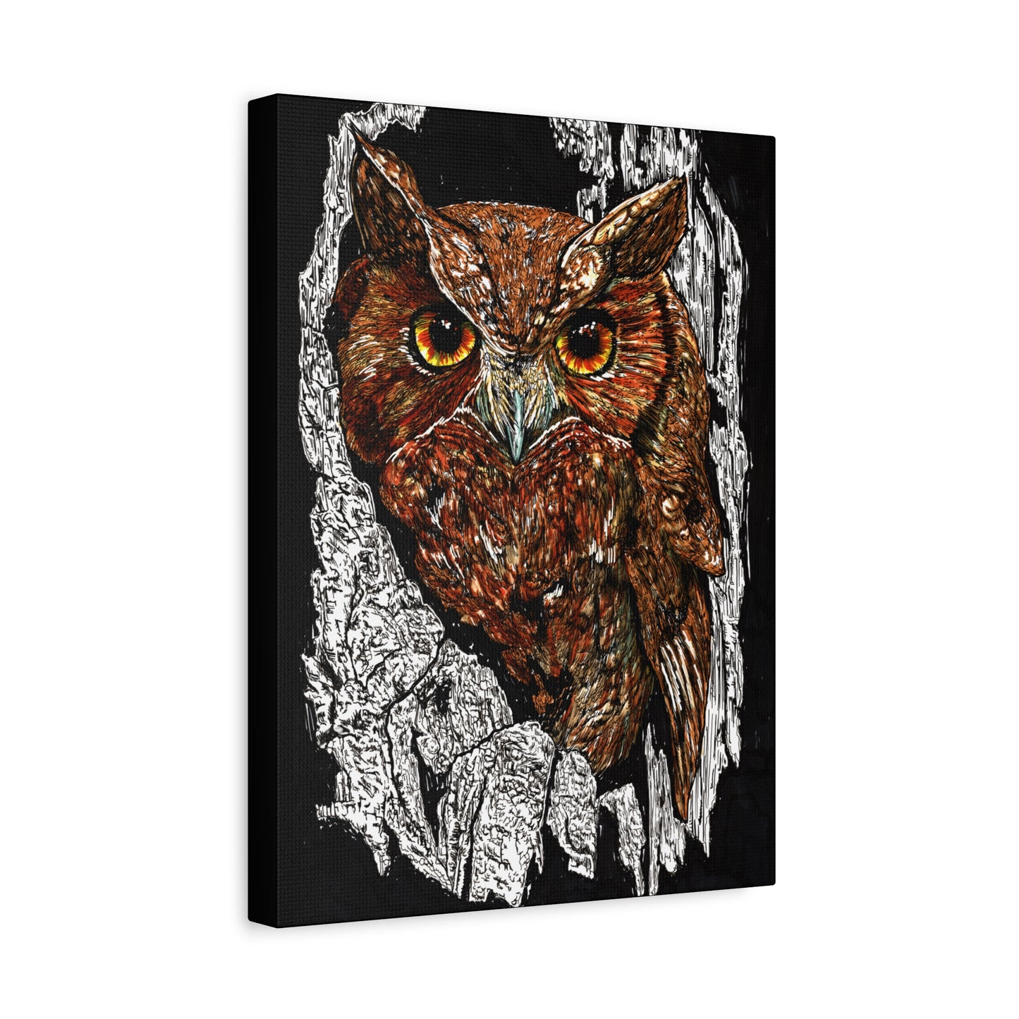 Owls in a Tree Wall Art Canvas Print of the Original, hand drawn wall art of an Owls in a Tree