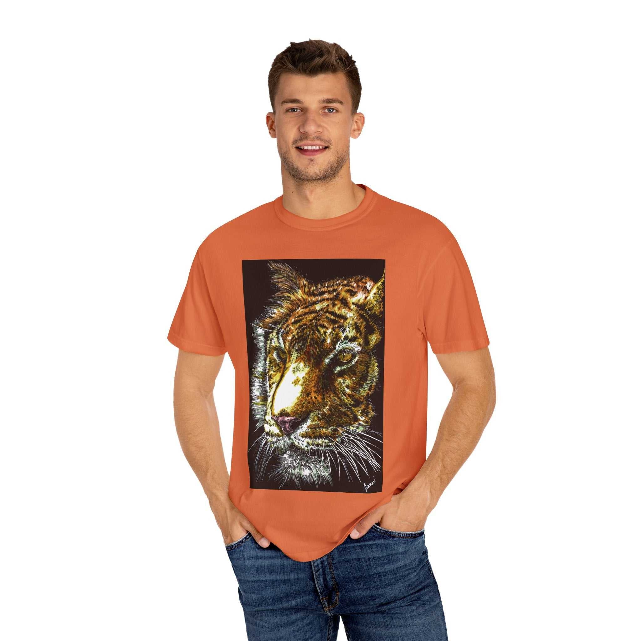 Discover your wild side with our Tiger Art T-Shirt - Vibrant Animal Print - Nature Lover's Apparel featuring the original hand drawn art. Stand out in style!